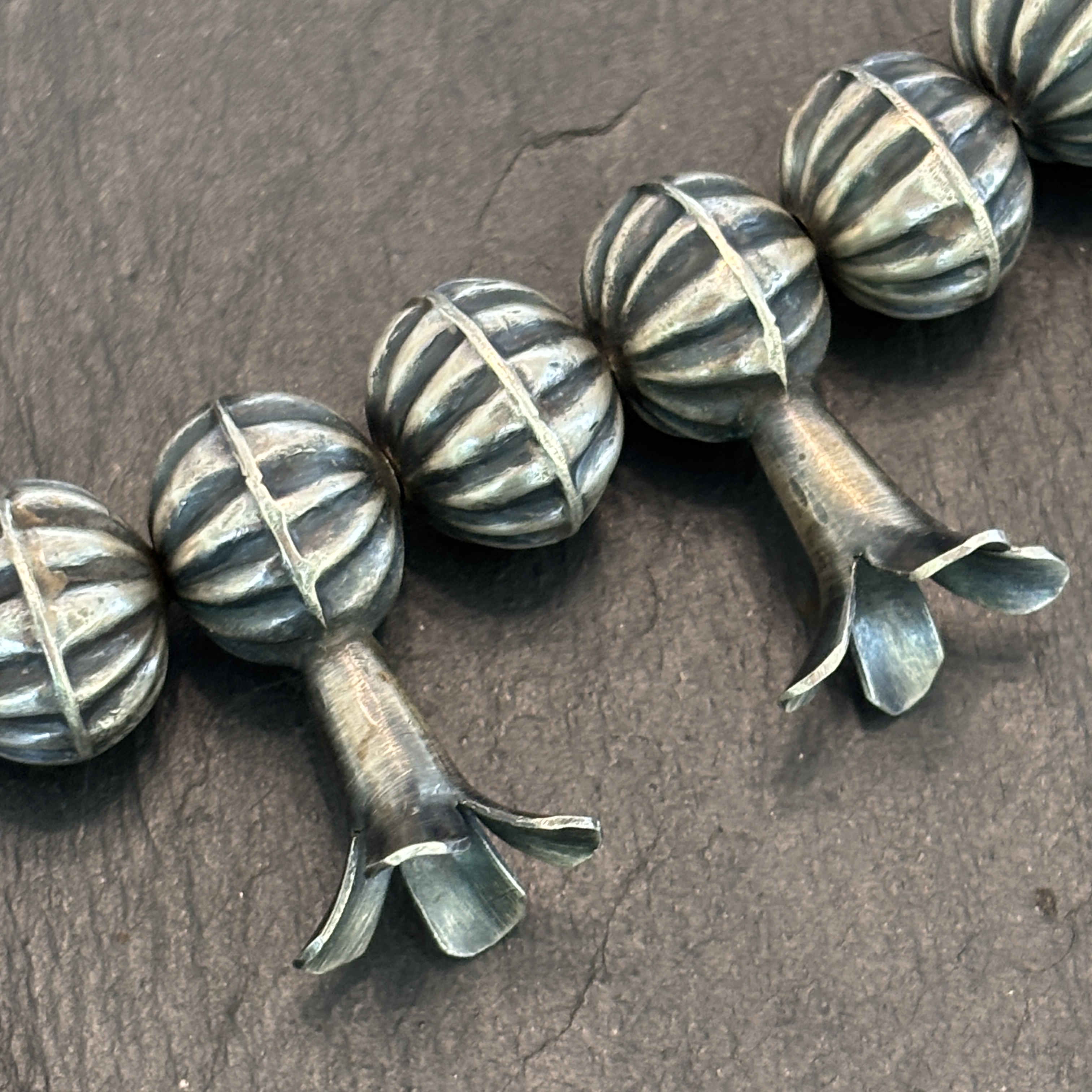 Leon Kurley Sr. Navajo Handmade Sterling Silver Squash Blossom Bead 27” Necklace