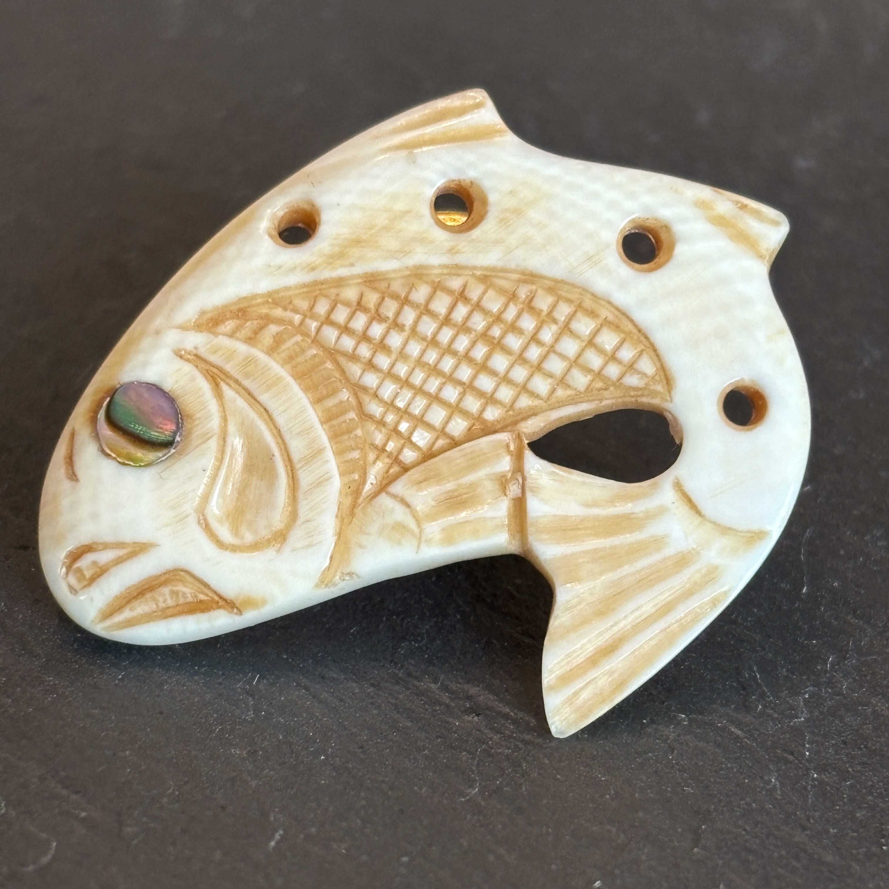 Patty Fawn Hand Carved Salmon Brooch With Abalone