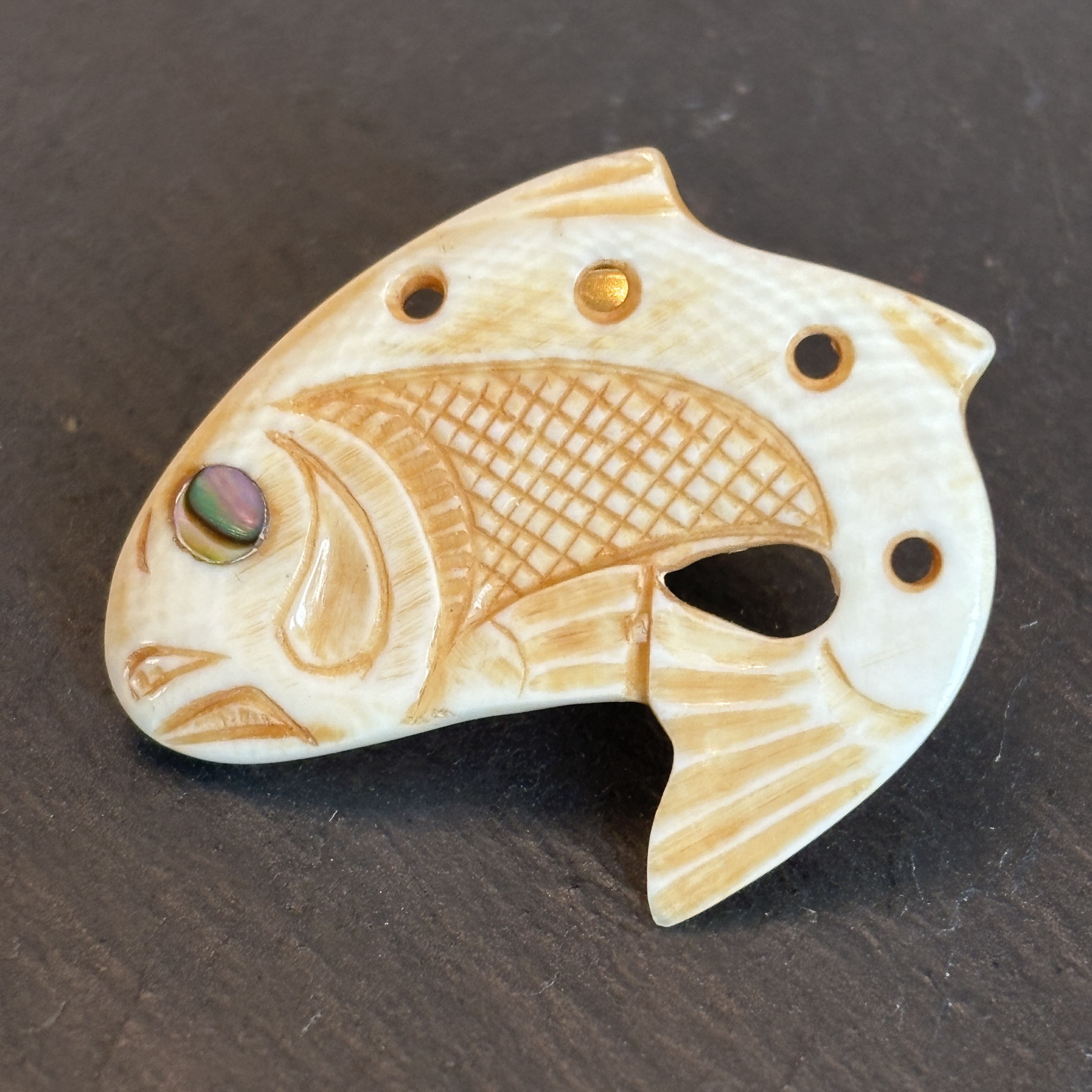 Patty Fawn Hand Carved Salmon Brooch With Abalone