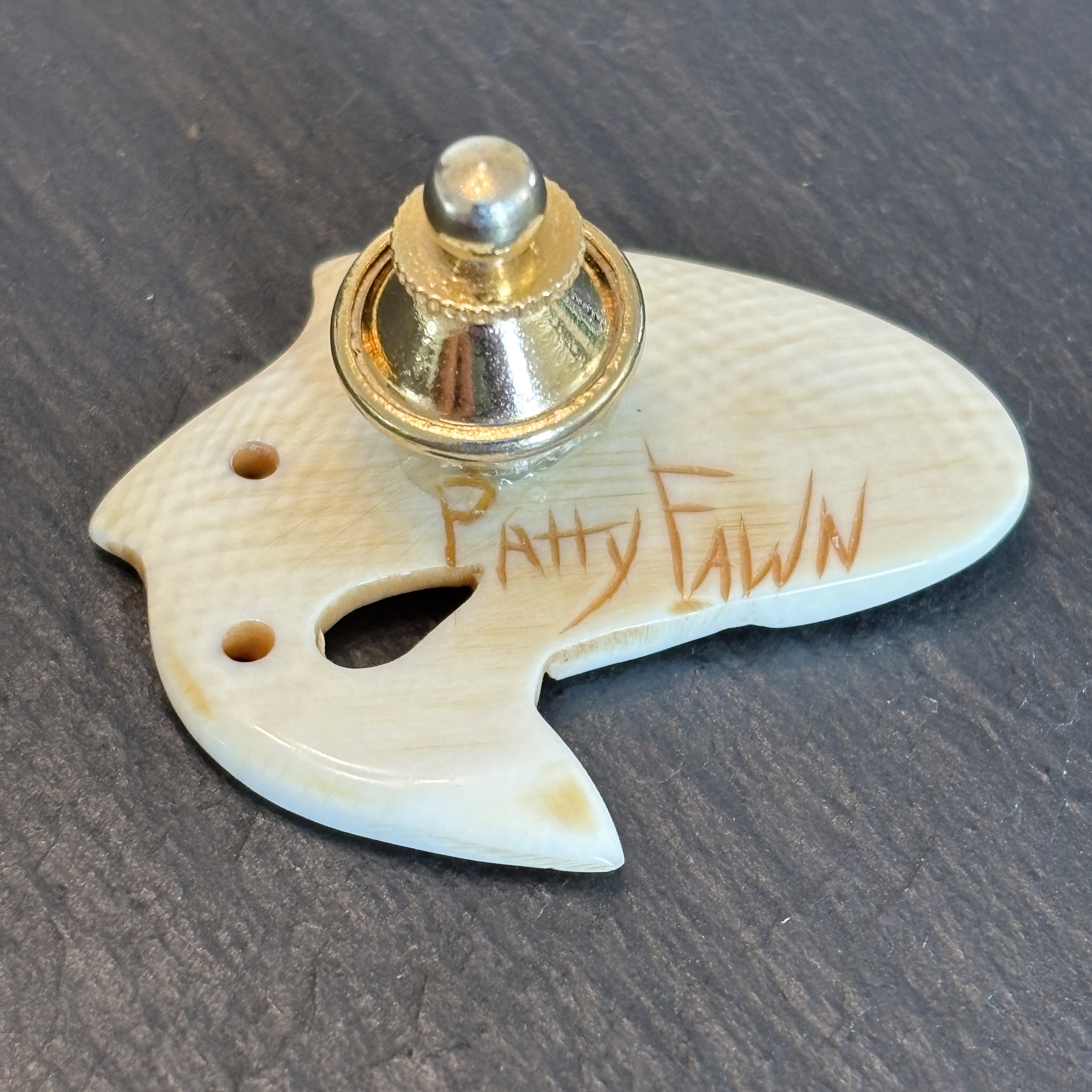 Patty Fawn Hand Carved Salmon Brooch With Abalone