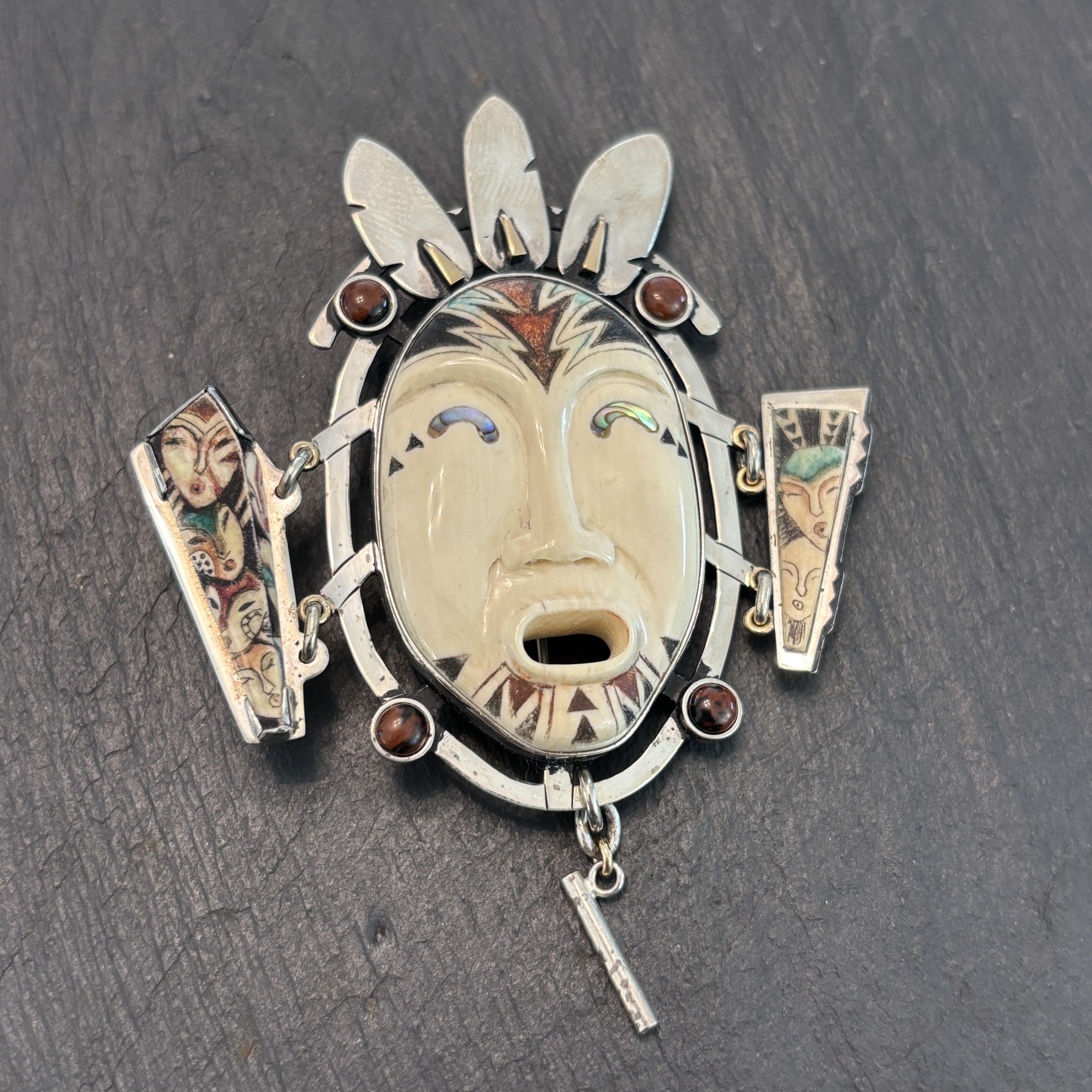 Mary Mueller Northwest Coast Ancient Scrimshaw Pendant Brooch Figural Sterling & 14k Gold