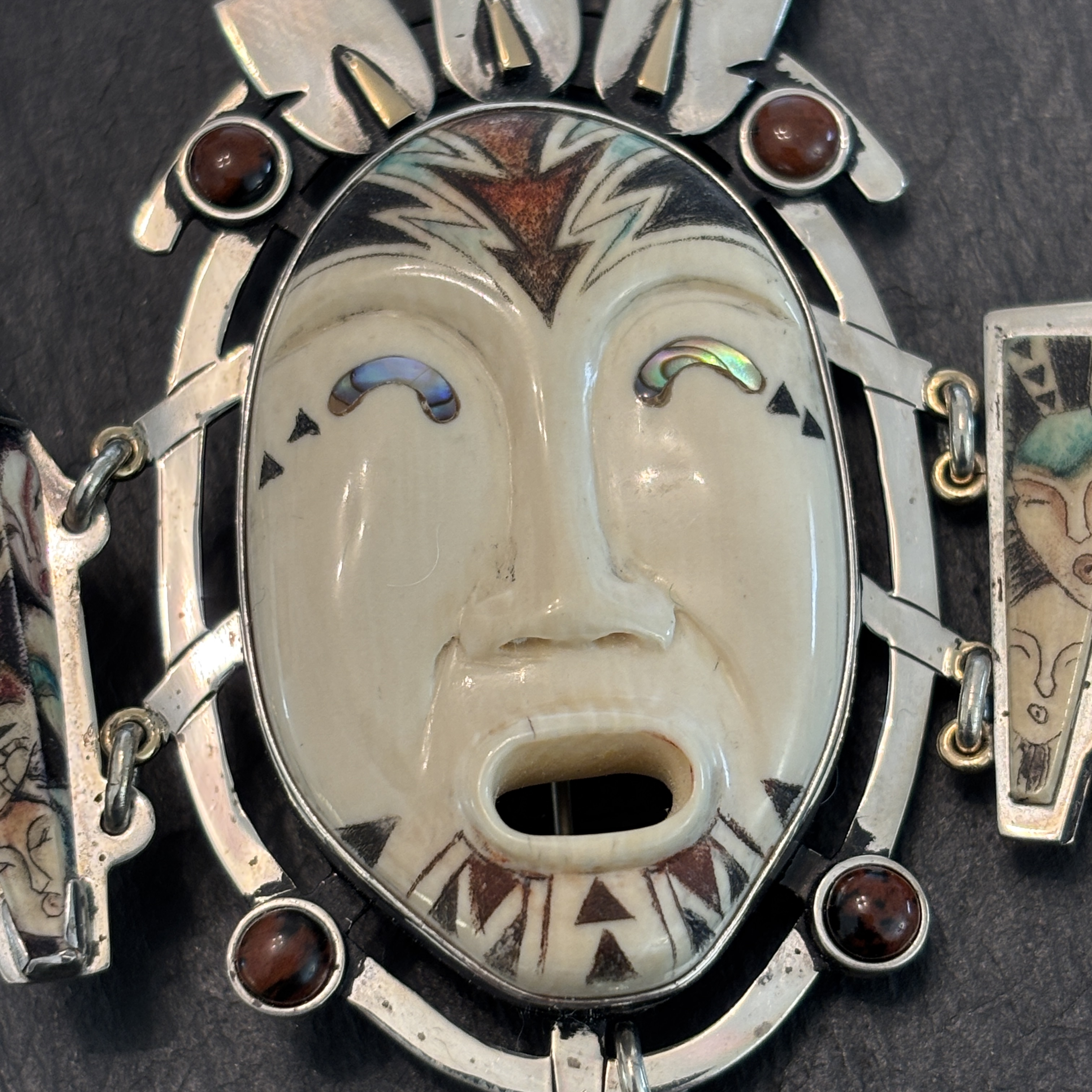 Mary Mueller Northwest Coast Ancient Scrimshaw Pendant Brooch Figural Sterling & 14k Gold