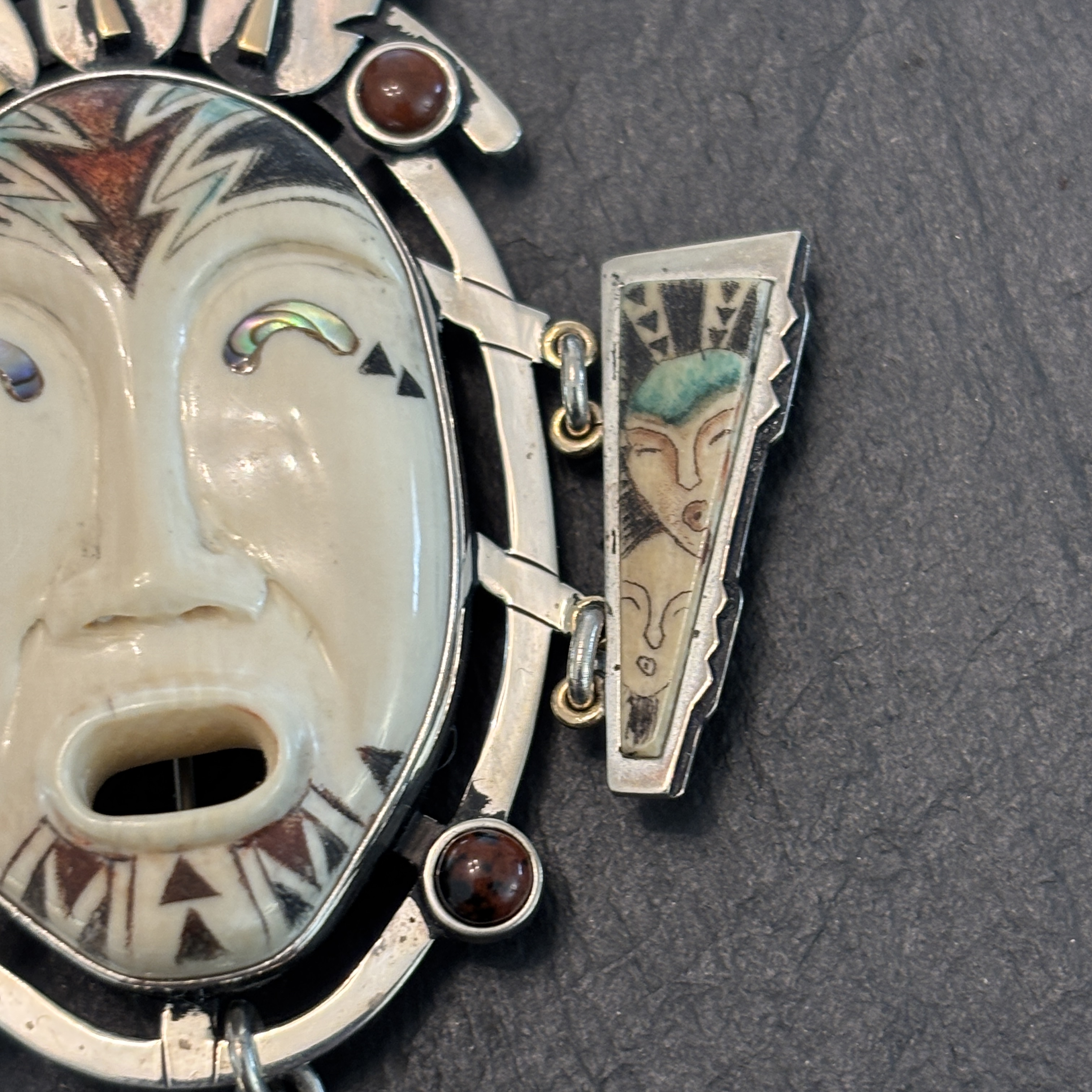 Mary Mueller Northwest Coast Ancient Scrimshaw Pendant Brooch Figural Sterling & 14k Gold