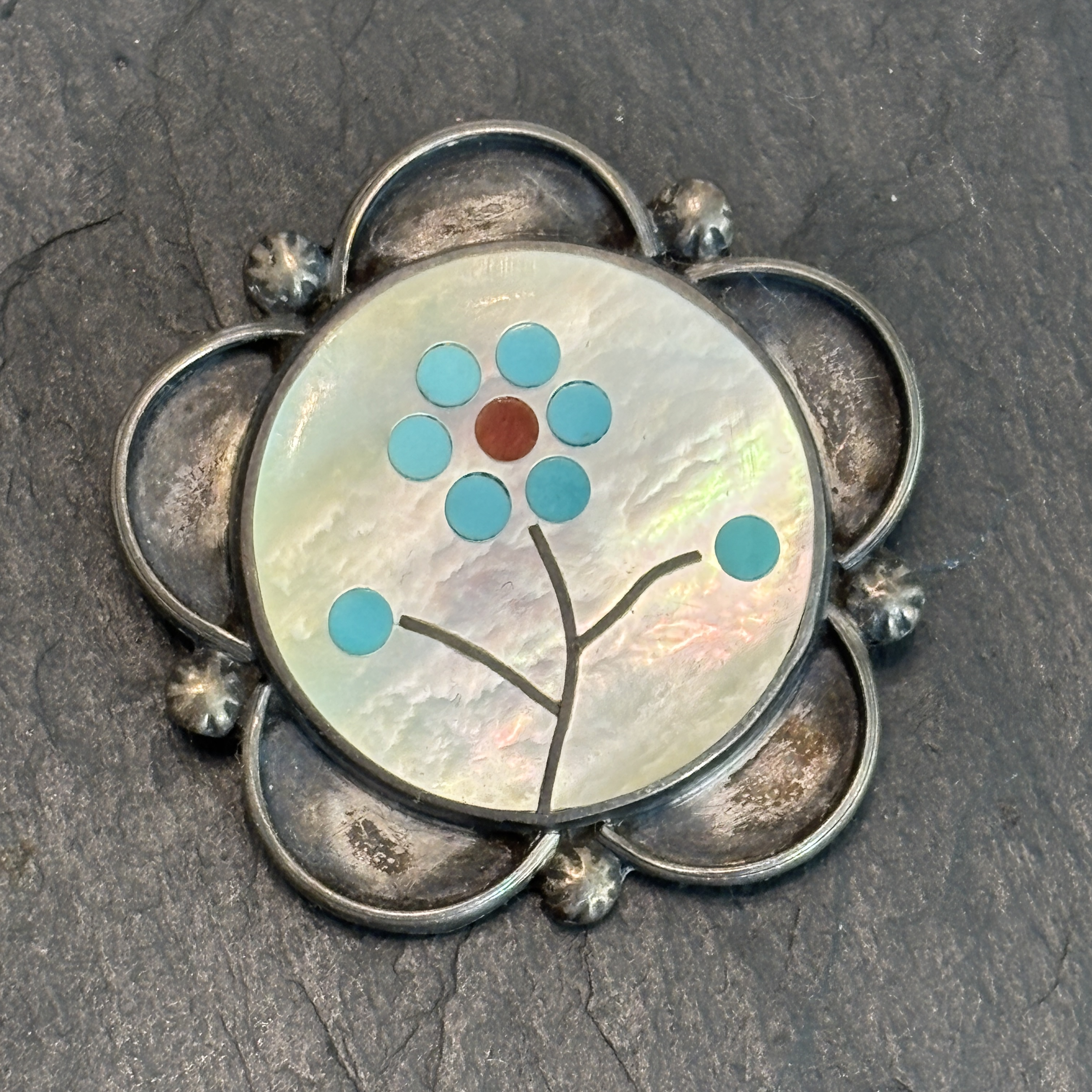 Bowman Paywa Zuni Signed Brooch Floral 