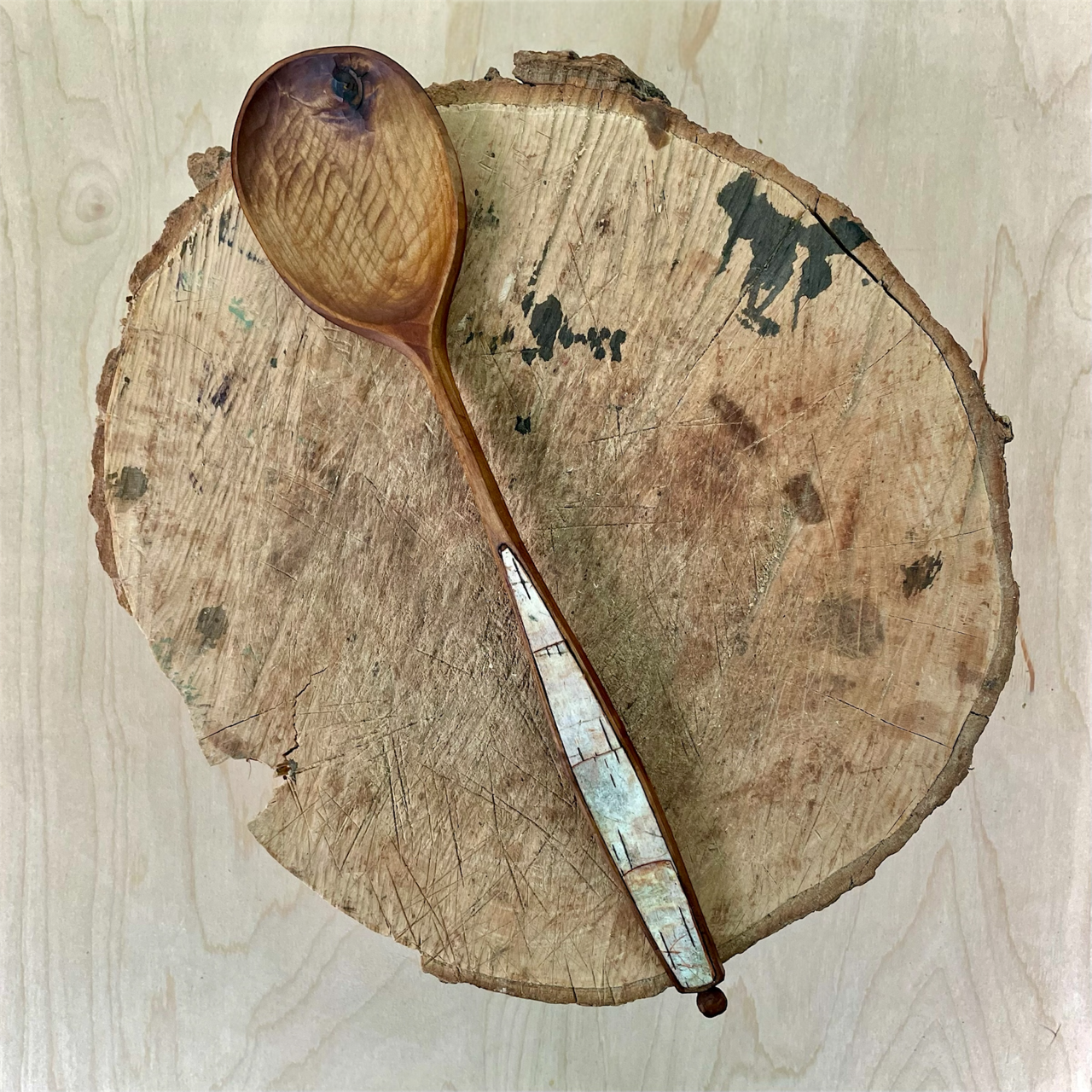 13" Baked Maple cooking spoon with Birch Bark inlay