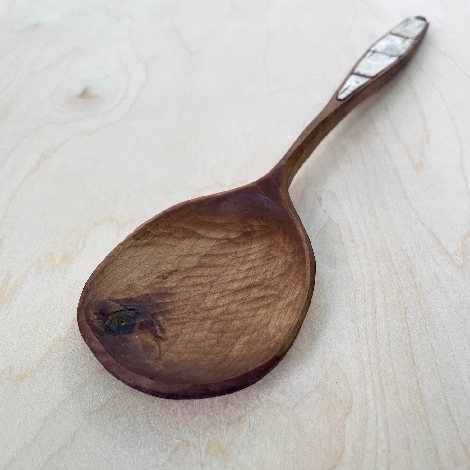 13" Baked Maple cooking spoon with Birch Bark inlay