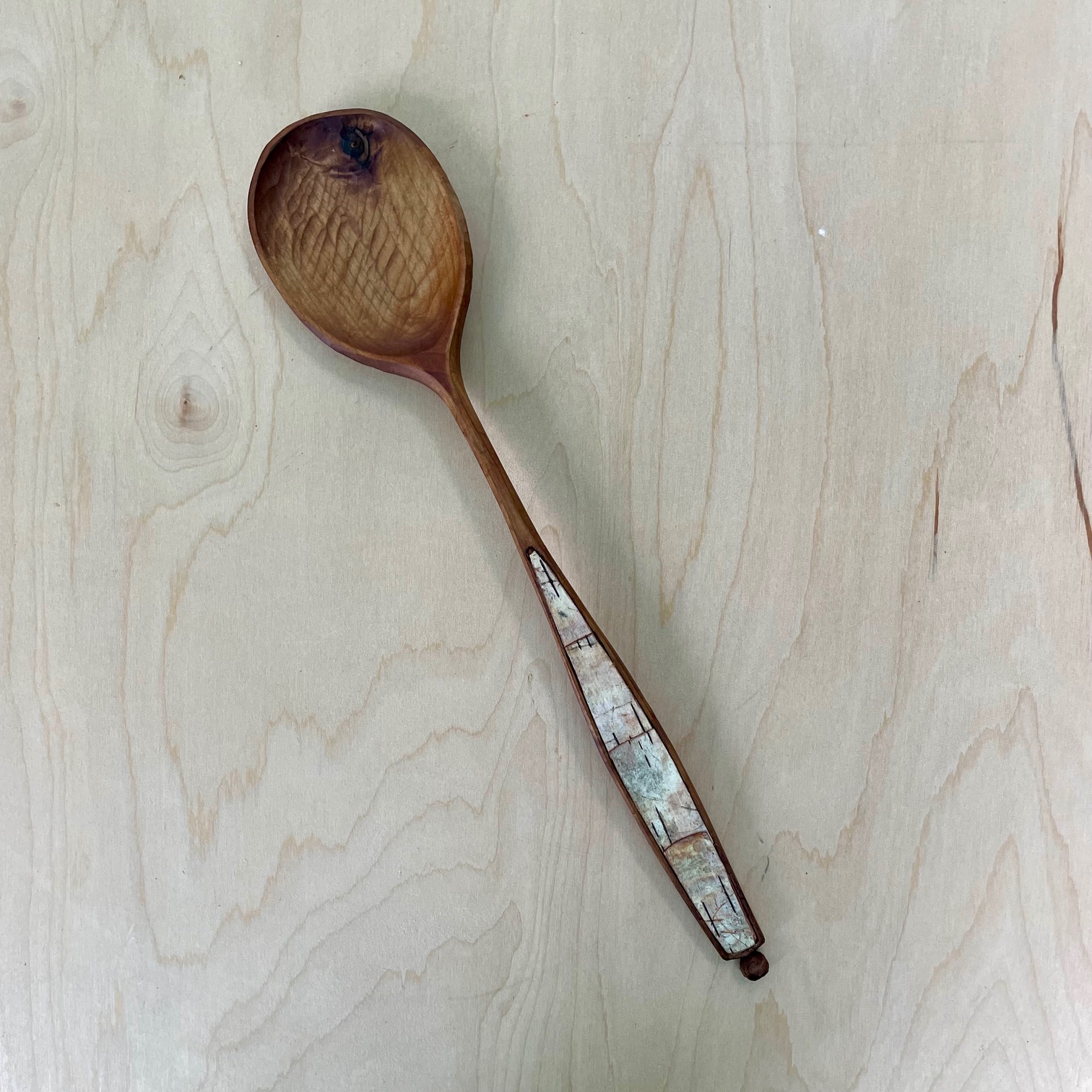 13" Baked Maple cooking spoon with Birch Bark inlay