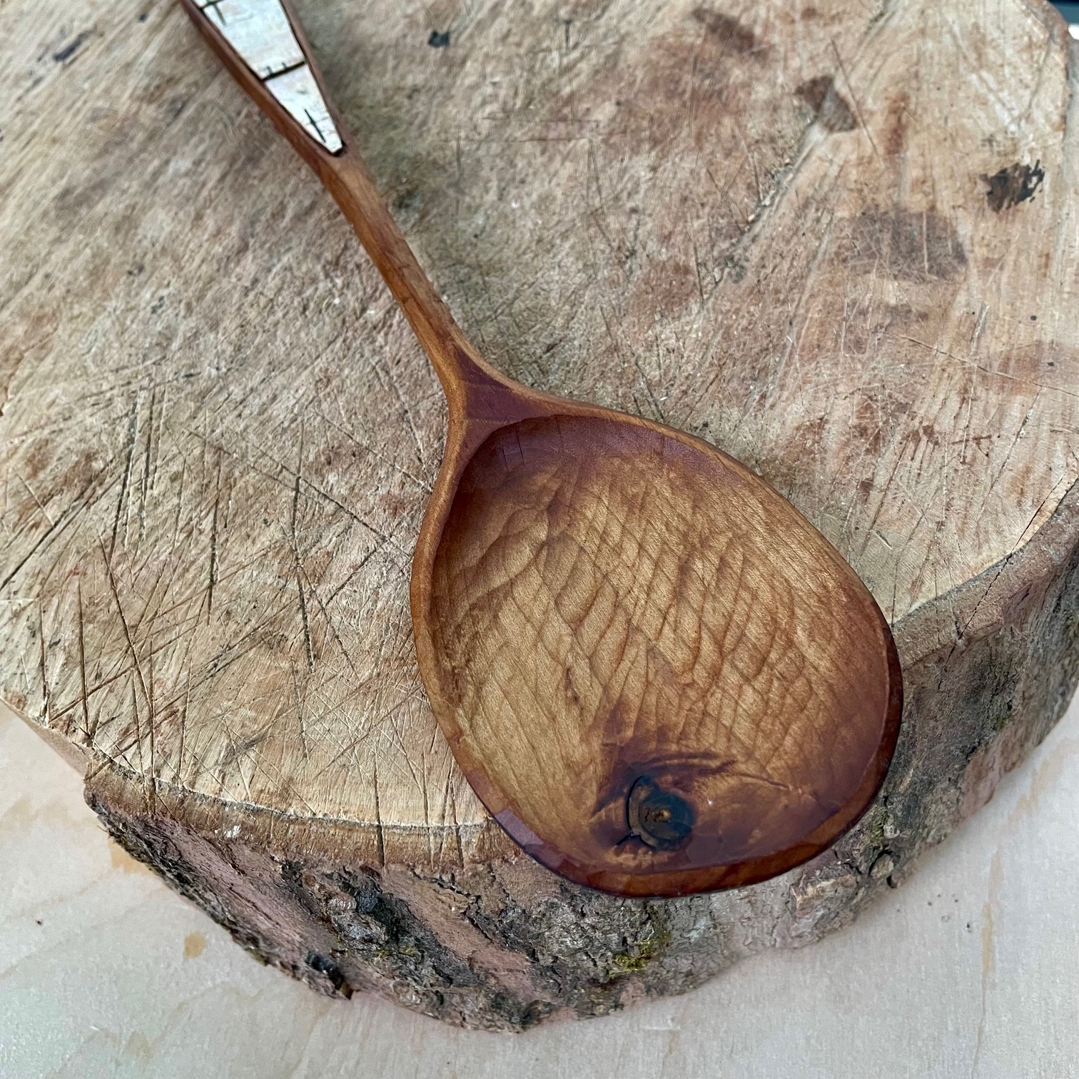 13" Baked Maple cooking spoon with Birch Bark inlay