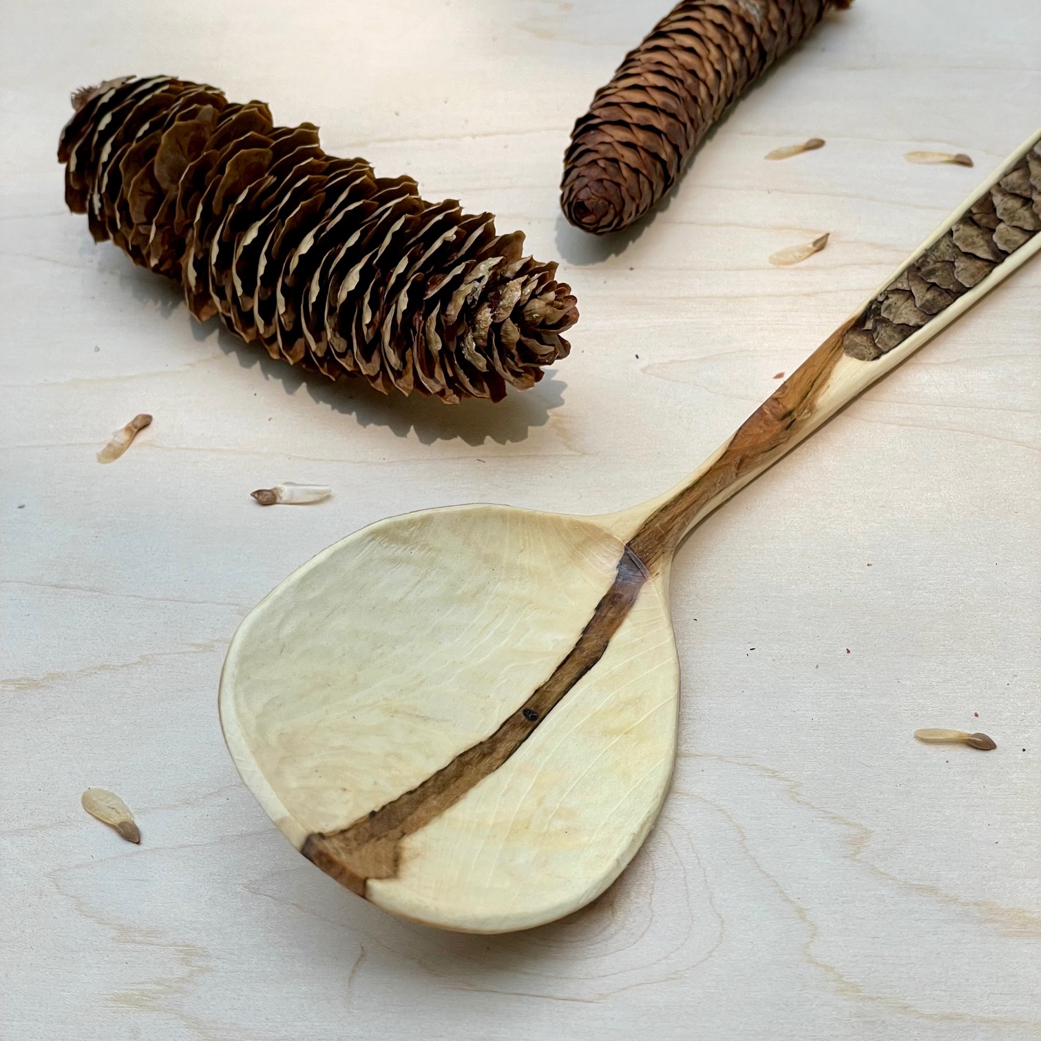13" Maple cooking spoon with Pine Cone inlay