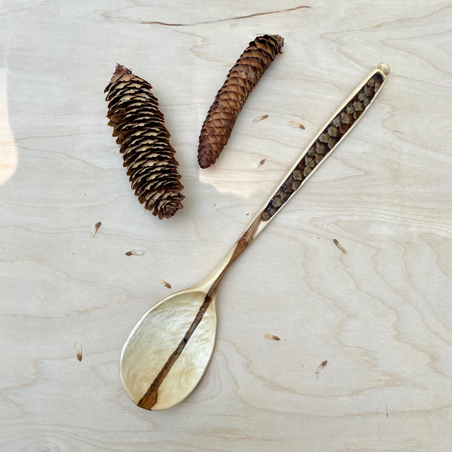 13" Maple cooking spoon with Pine Cone inlay