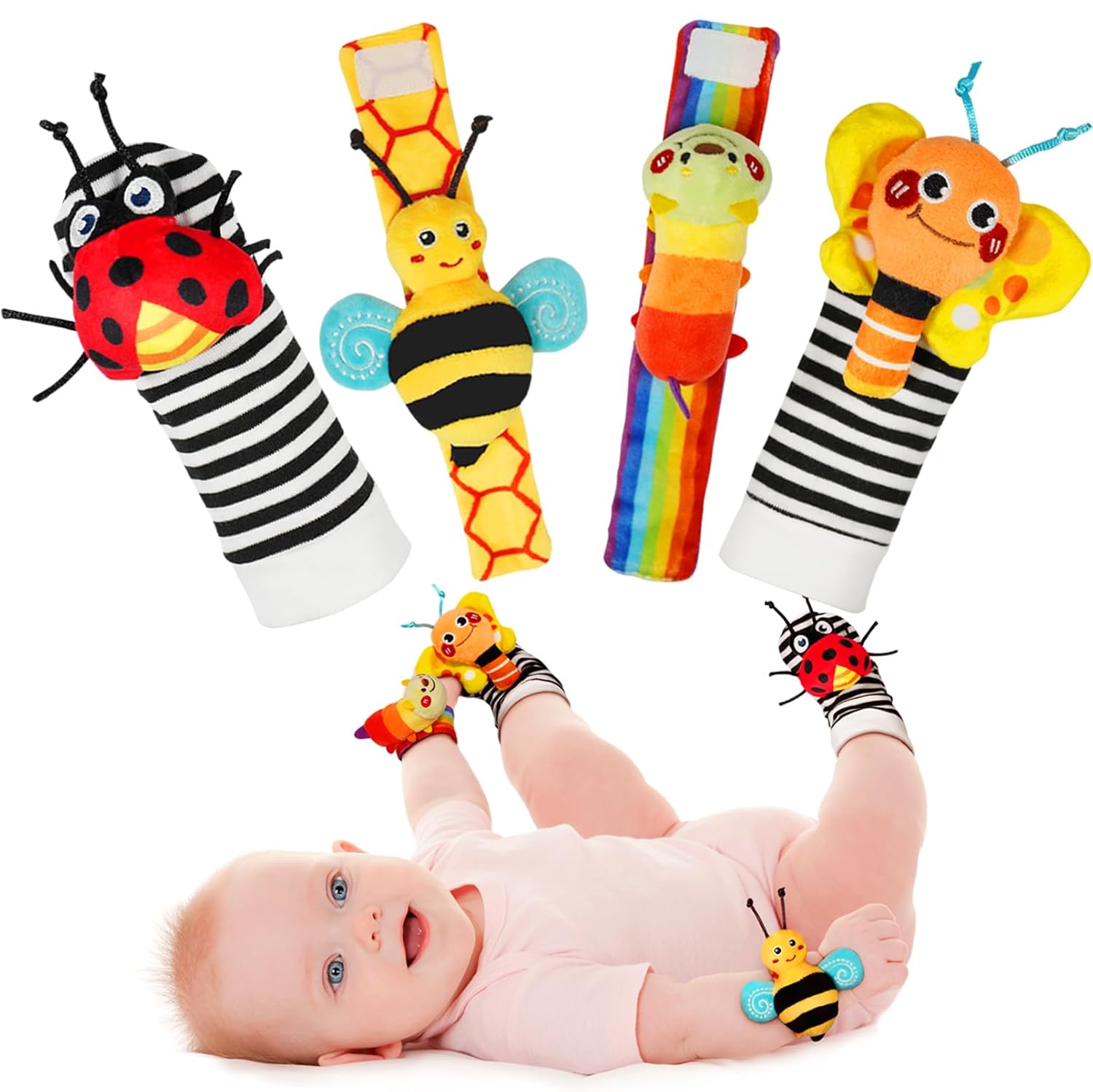 Infinno Baby Wrist Rattle Socks And Foot Finder Set, Perfect Baby Toys For 0-12 Months Newborn Boys And Girls As Baby Shower Gifts, Garden Bug Series