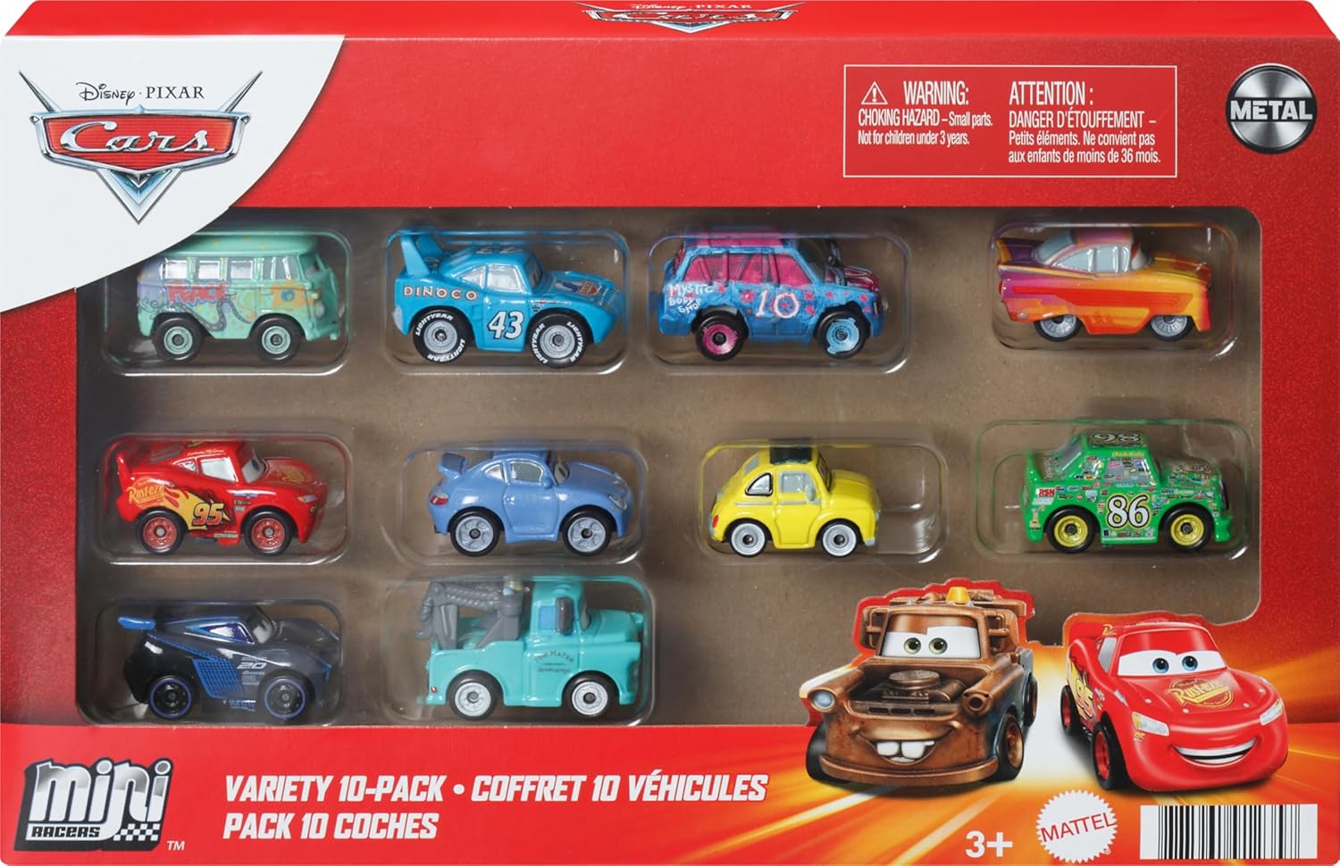 Mattel Disney and Pixar Cars Mini Racers 10 Pack, Collectible Set with 10 Toy Vehicles, Fan-Favorite Characters