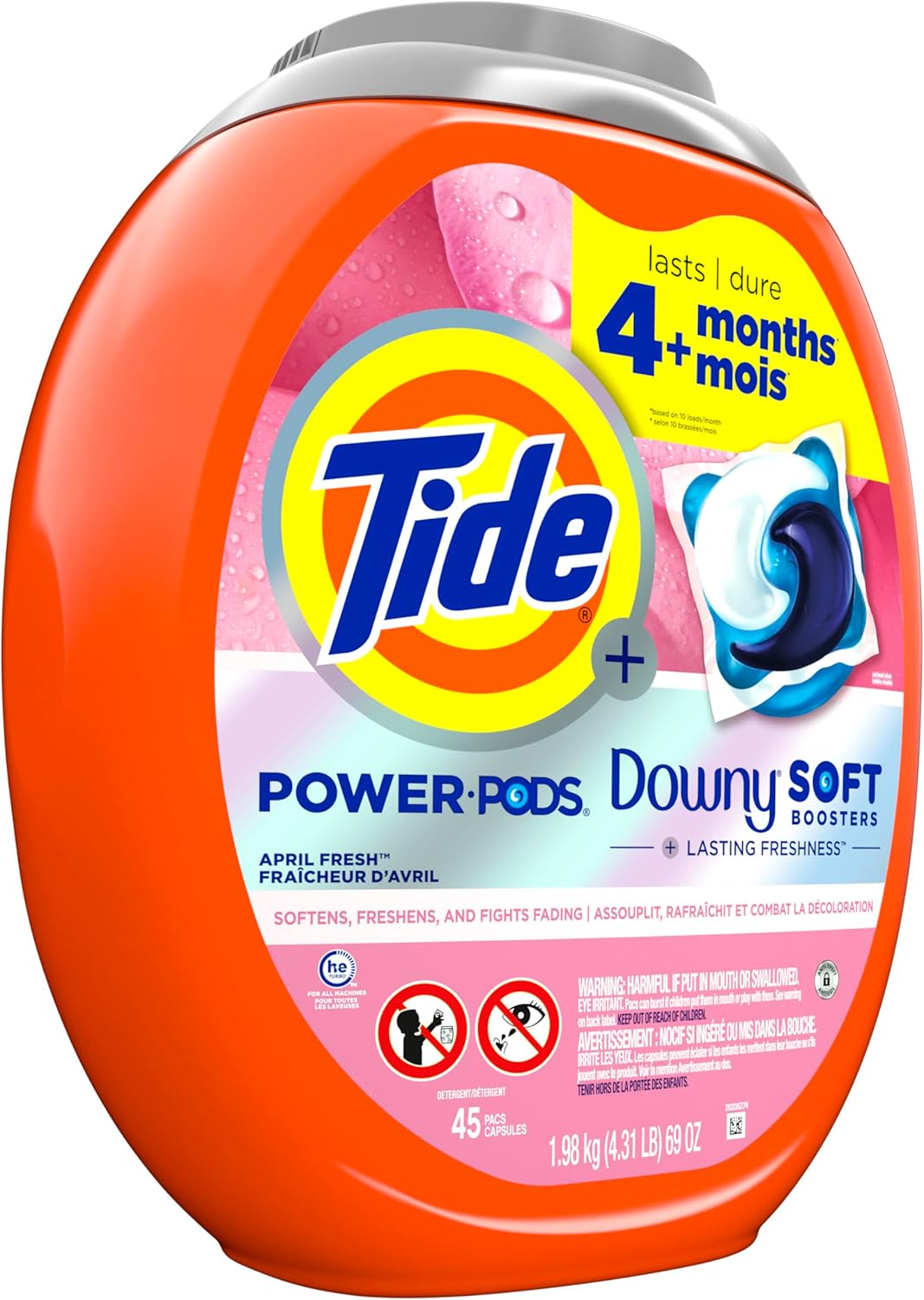 Tide Power PODs 2-in-1 Laundry Detergent Pacs with Downy Soft Boosters, Lasting Freshness with April Fresh Scent, 45 Count, Tide Laundry Detergent, Washing Detergent