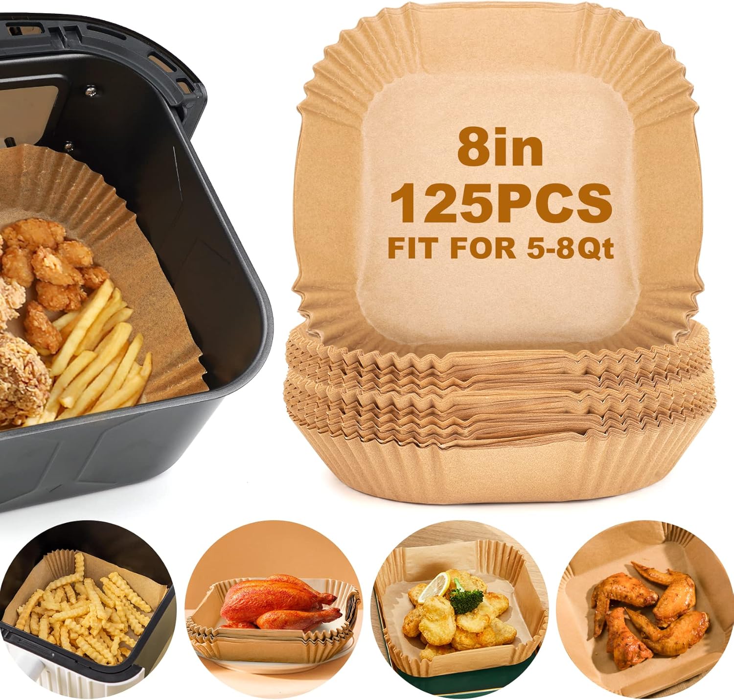 Air Fryer Paper Liners,125Pcs Parchment Paper, Air Fryer Disposable Paper Liner For Microwave, Non-Stick Air Fryer Liners Square Free Of Bleach (8IN)