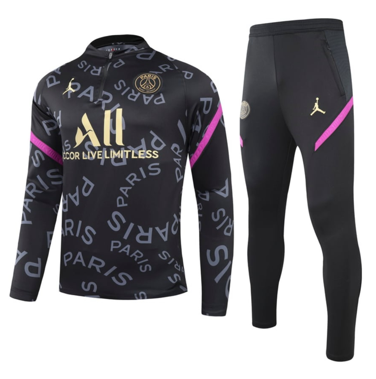 PSG Jordan 'Paris' Quarter Zip Full Tracksuit 2021/22 - Black/Gold/Pink