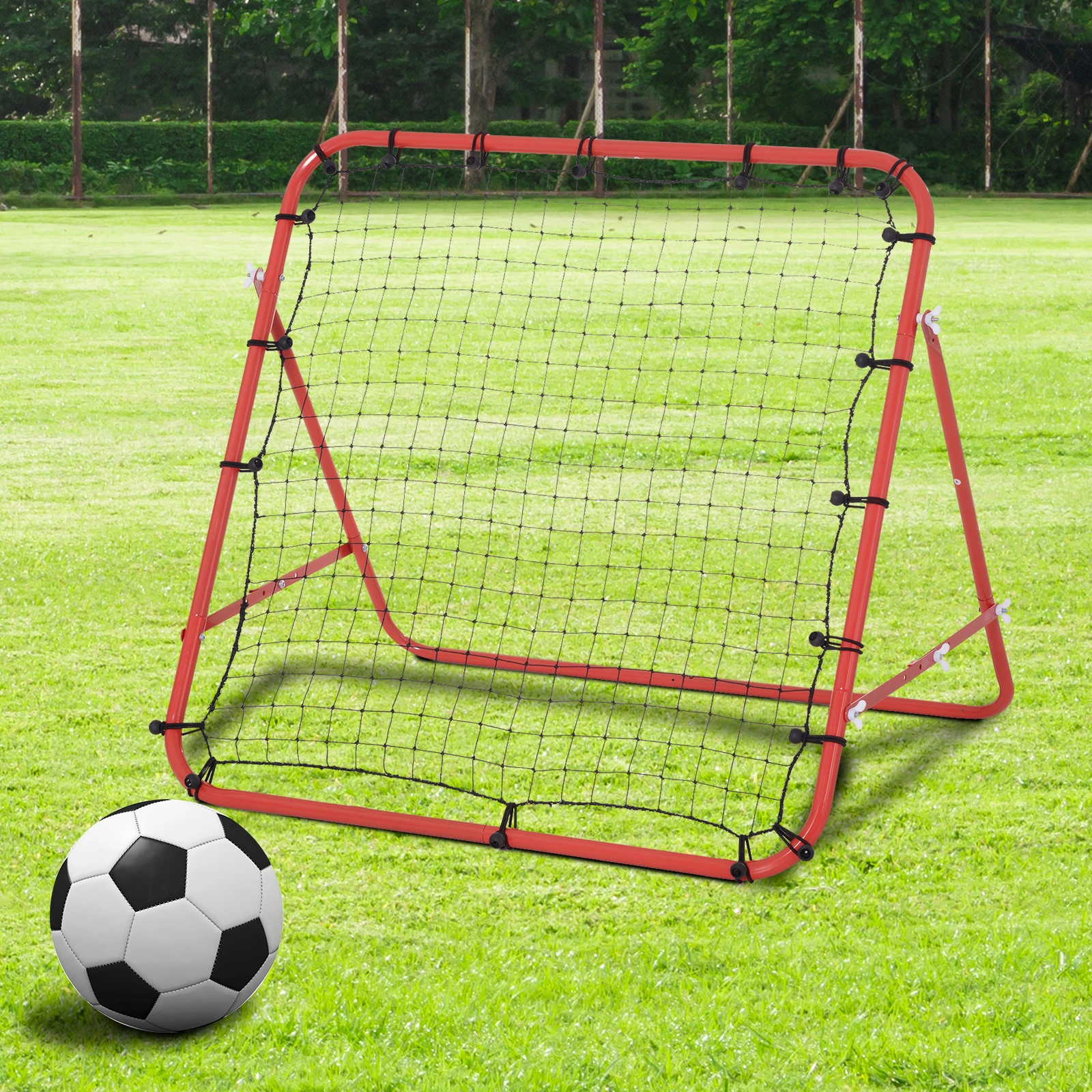  Fussball Rebounder Kickback Tor – Verstellbare Rückprallwand für Fußballtraining, Metallrohr mit PE-Gewebe, 96 x 80 x 96 cm Rot