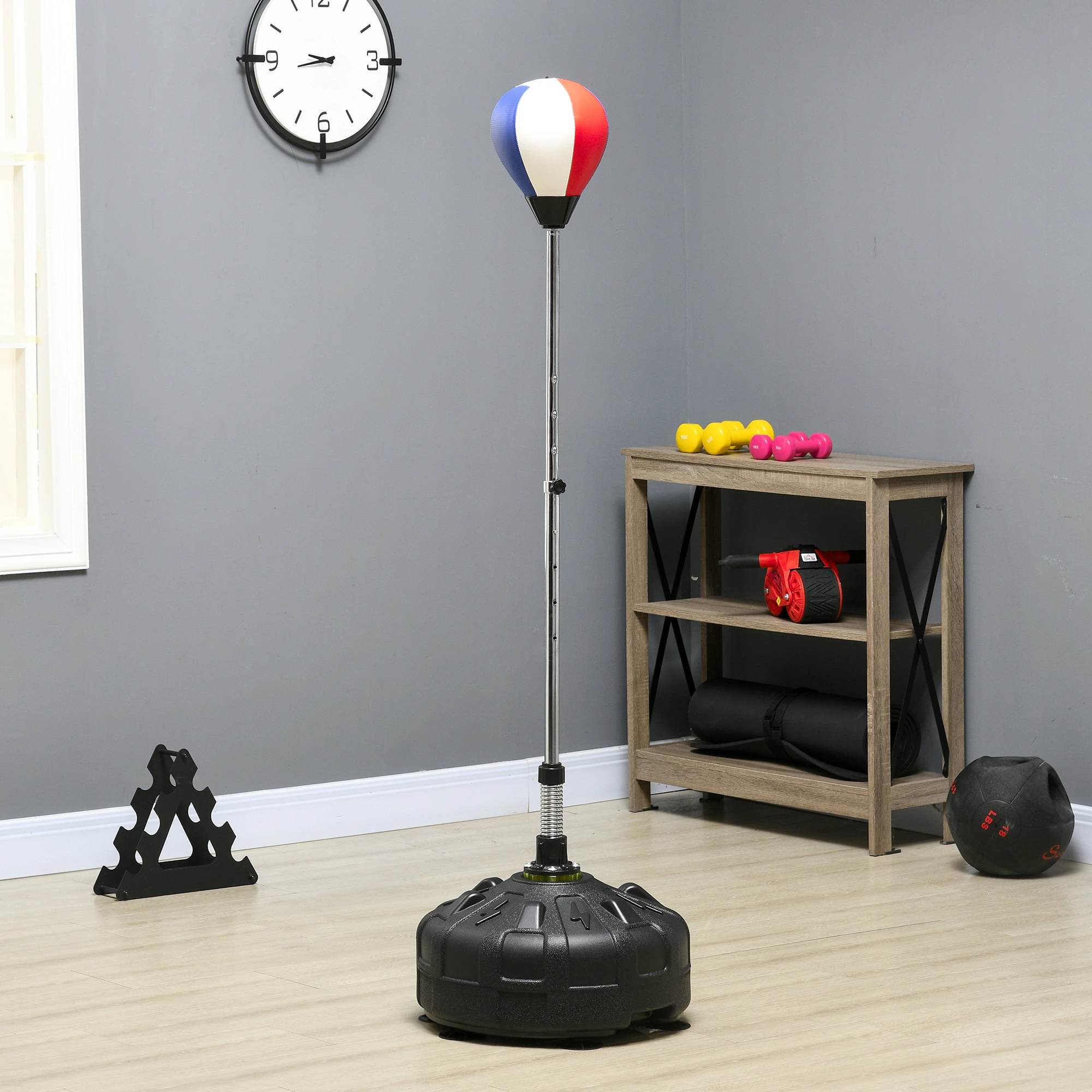 Punchingball, höhenverstellbar 147-165cm, befüllbarer Standfuss, Stahl, Schwarz+Rot+Weiss