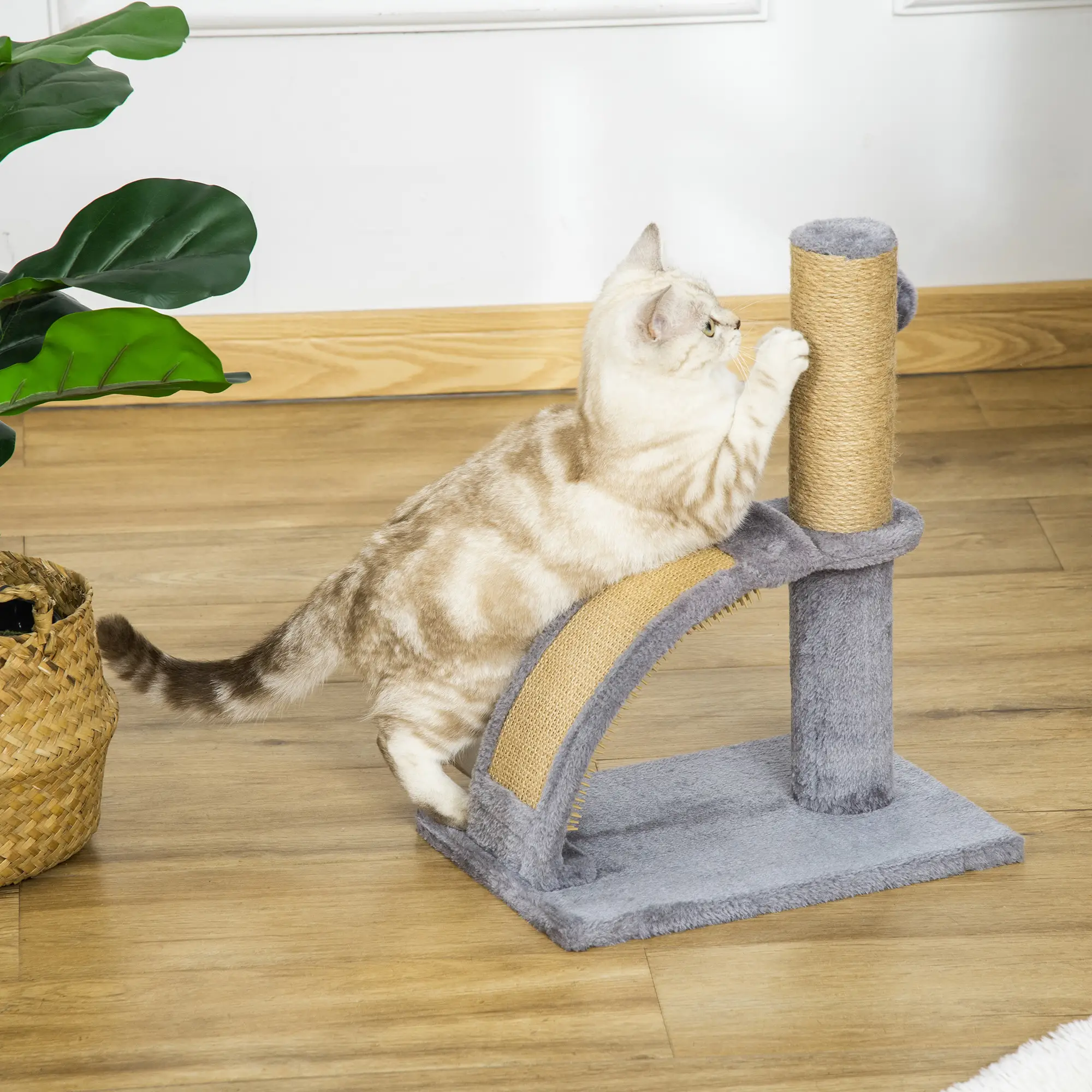 Katzenkratzbaum, Jutebespannung, hängende Kugel mit Glocke, Kratzbrett, 34L x 24B x 43H cm, Grau
