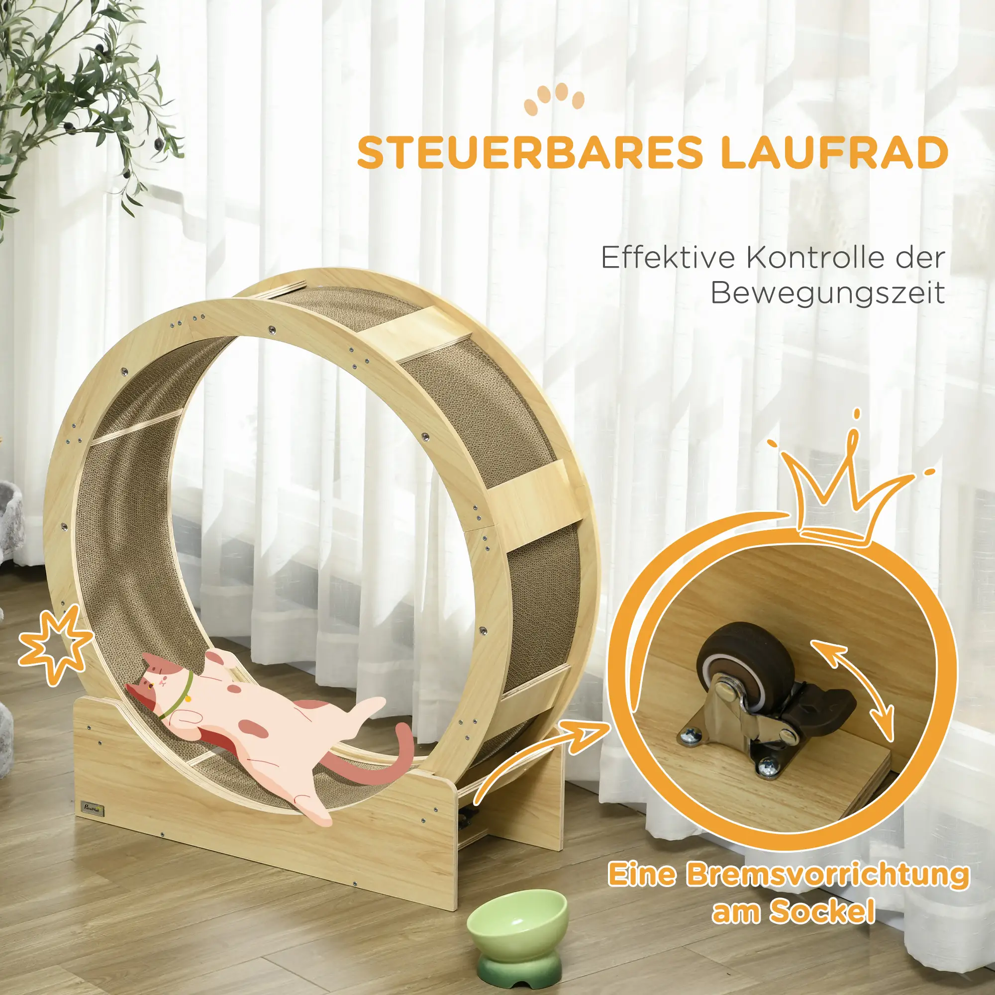 PawHut Katzenlaufrad 91 cm Katzenrad 91 cm mit Bremse, Kratzbrett, Eiche