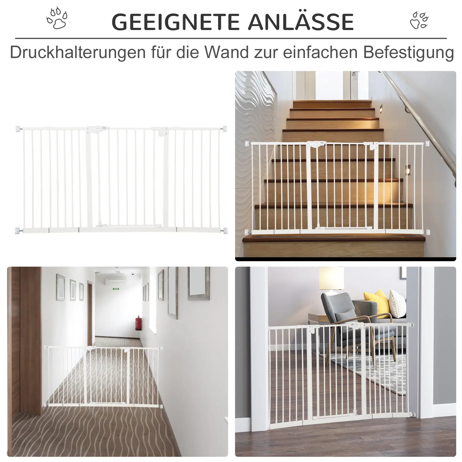 PawHut Hunde-Absperrgitter, erweiterbar, Klemmmontage, Metall, 136x76cm, Weiß 4.8