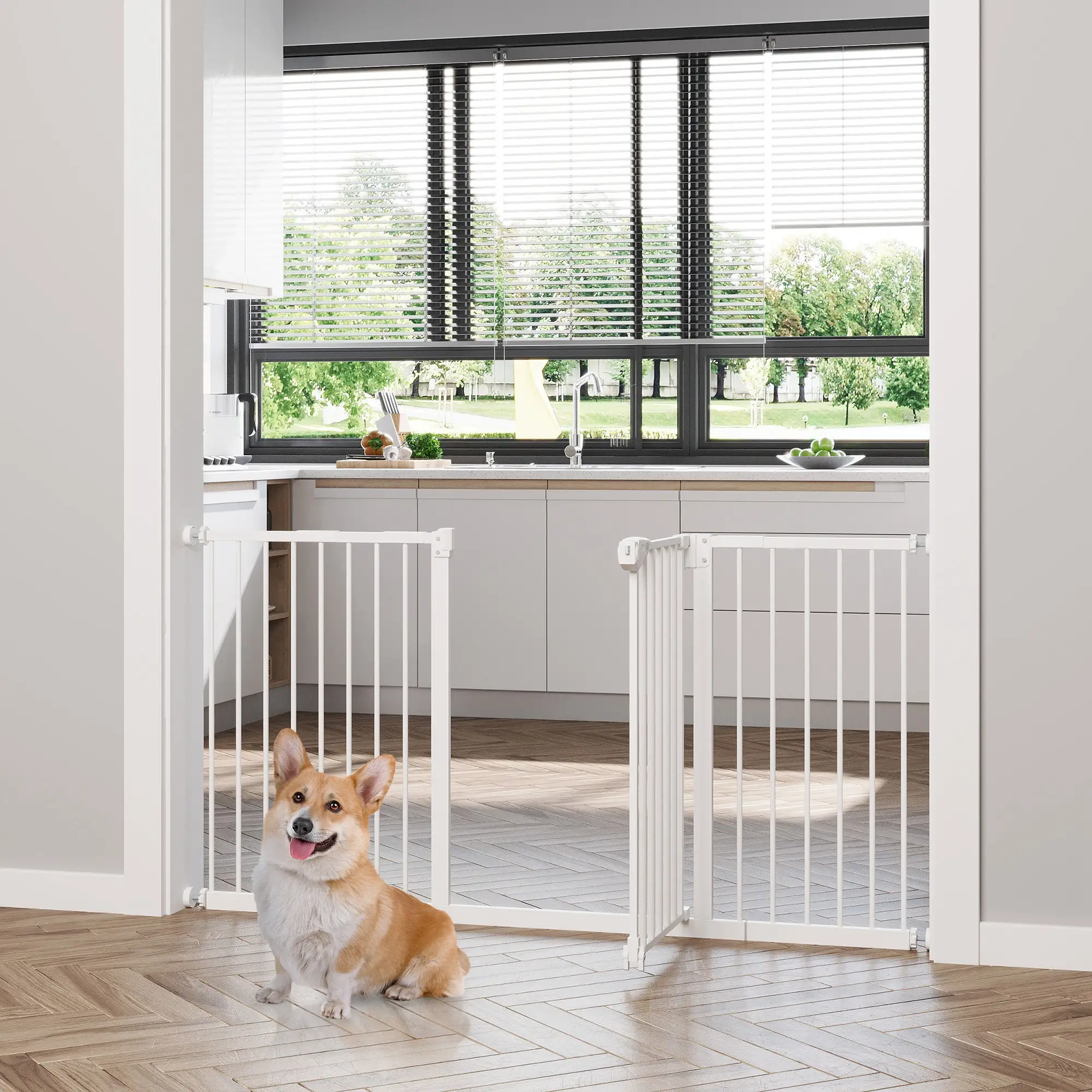 PawHut Hunde-Absperrgitter, erweiterbar, Klemmmontage, Metall, 136x76cm, Weiß 4.8