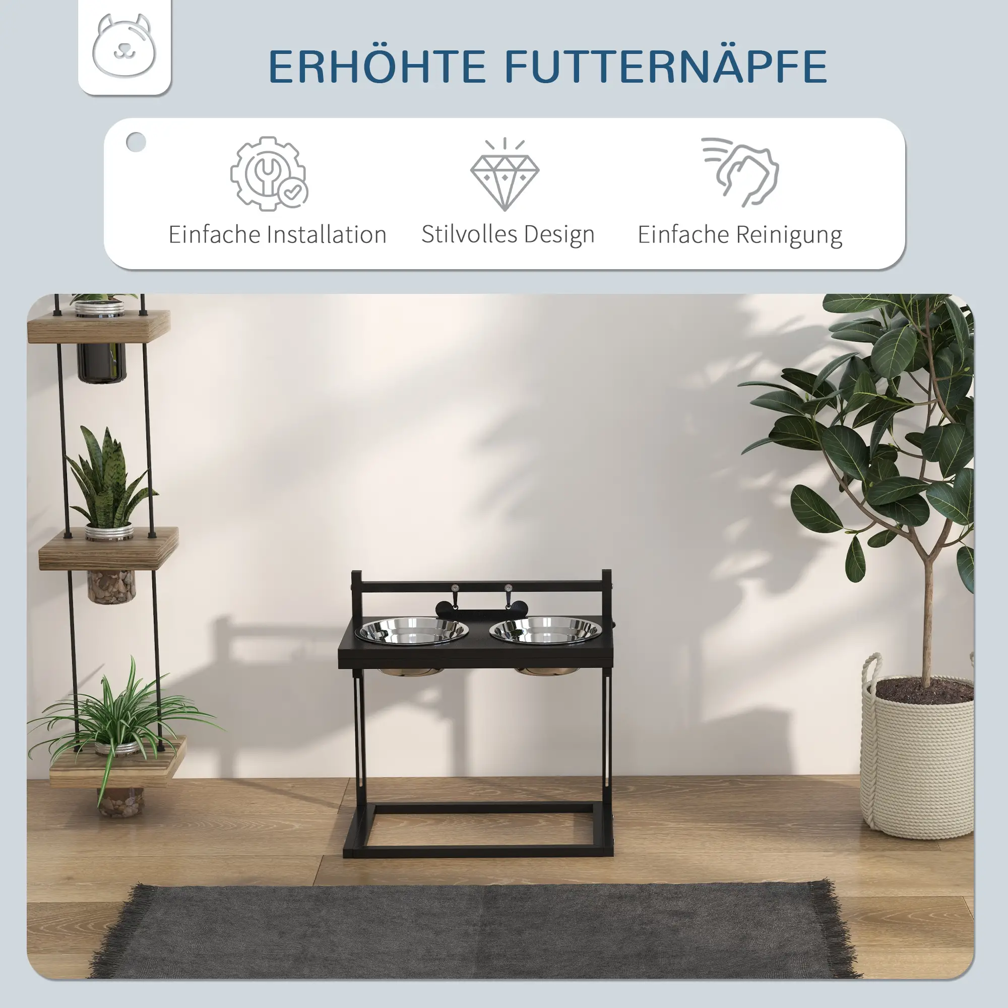 PawHut Futterstation Erhöhte Futternäpfe Fressnäpfe, Futternäpfe aus Edelstahl, 40,5 x 22 x 39 cm, Schwarz + Silber
