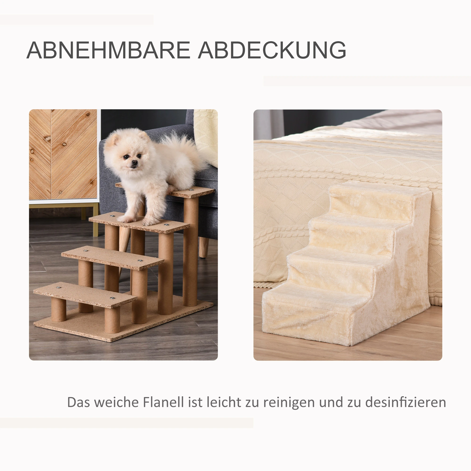 PawHut Hundetreppe 4-stufig, 35 cm Katzentreppe für Bett und Sofa, Haustiertreppe für Hunde und Katzen bis 5 kg, Plüschoptik, Beige