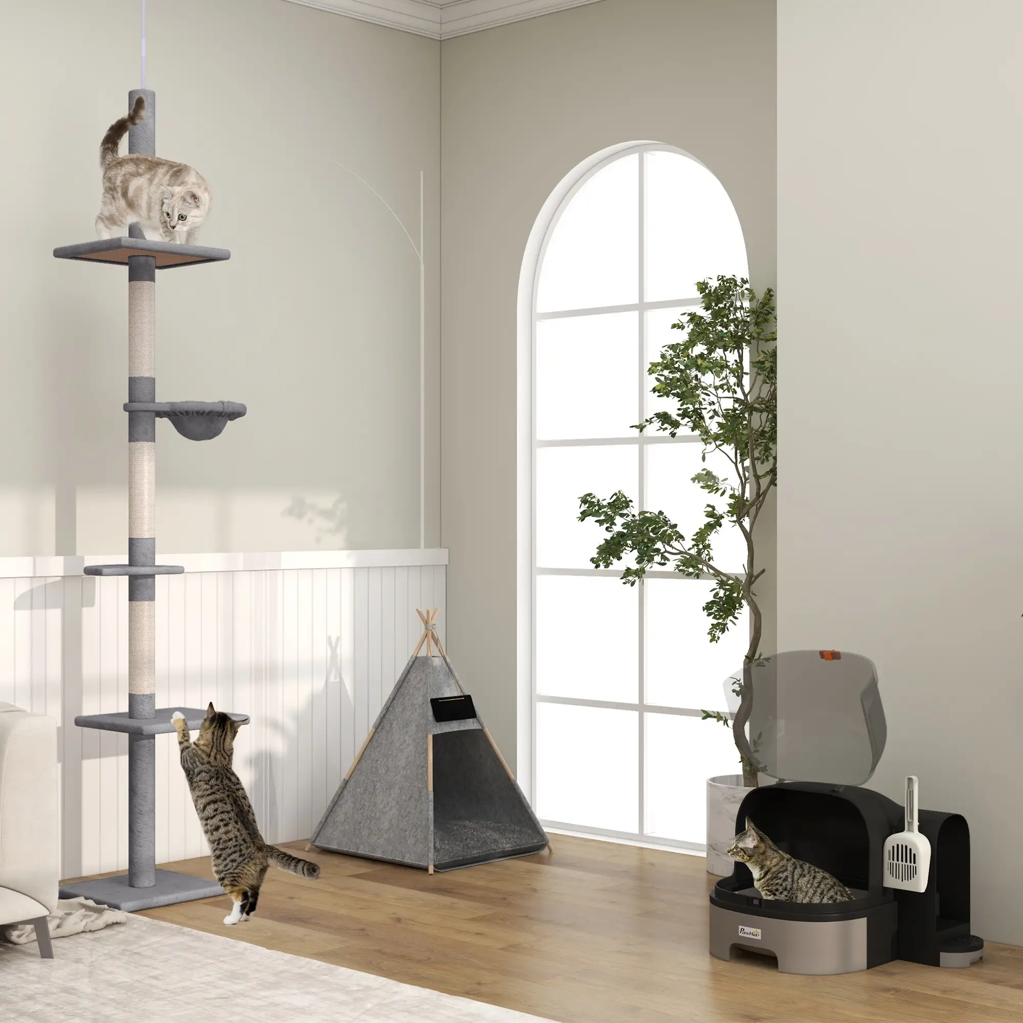 PawHut Kratzbaum Deckenhoch höhenverstellbar, stabiler Katzenbaum mit Sisalsäulen, Katzen Kletterbaum, Grau, 40 x 34 x 230-260 cm