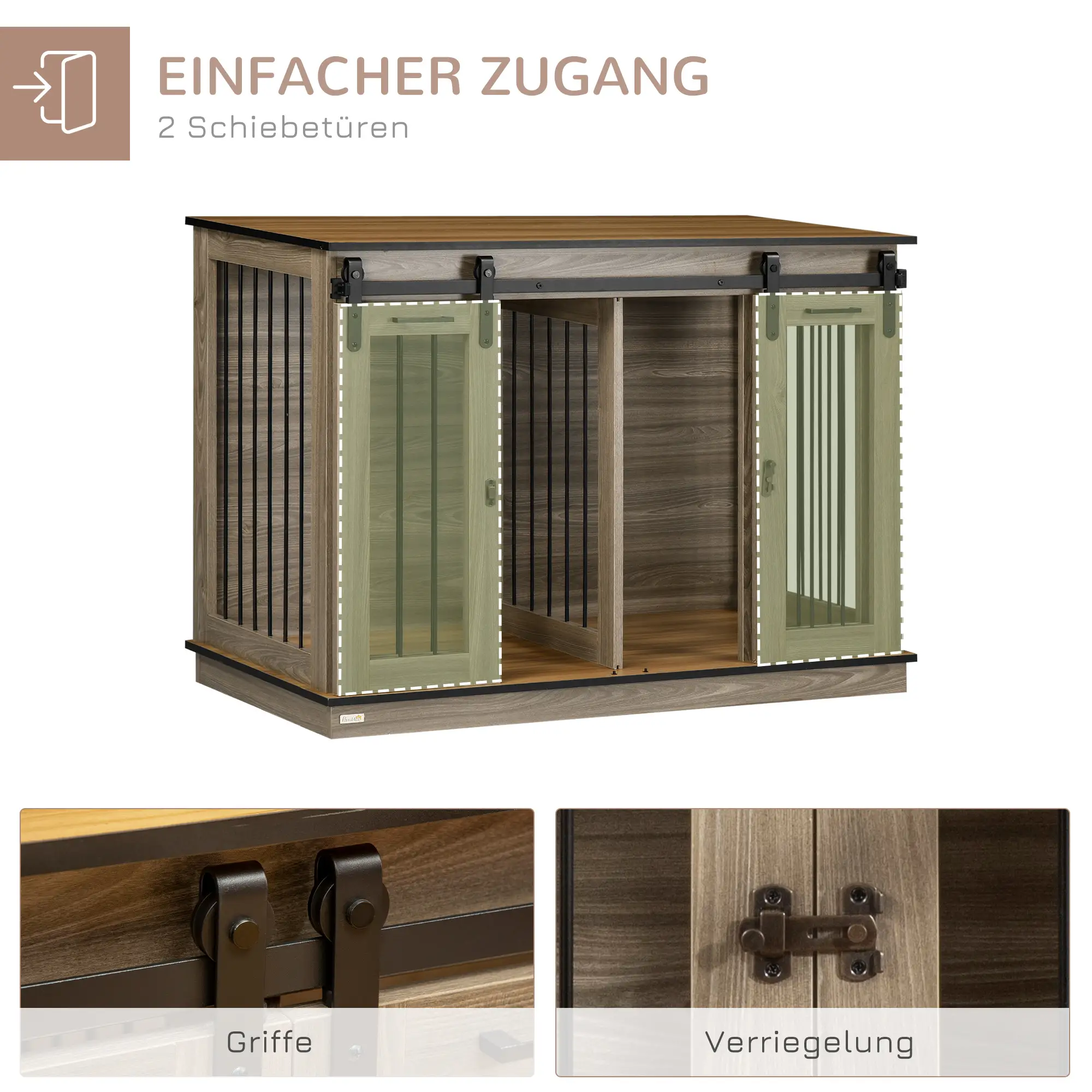 PawHut Hundekäfig mit 2 Türen, Hundebox, Transportbox für Hunde, rustikales Design, verriegelbar, Braun