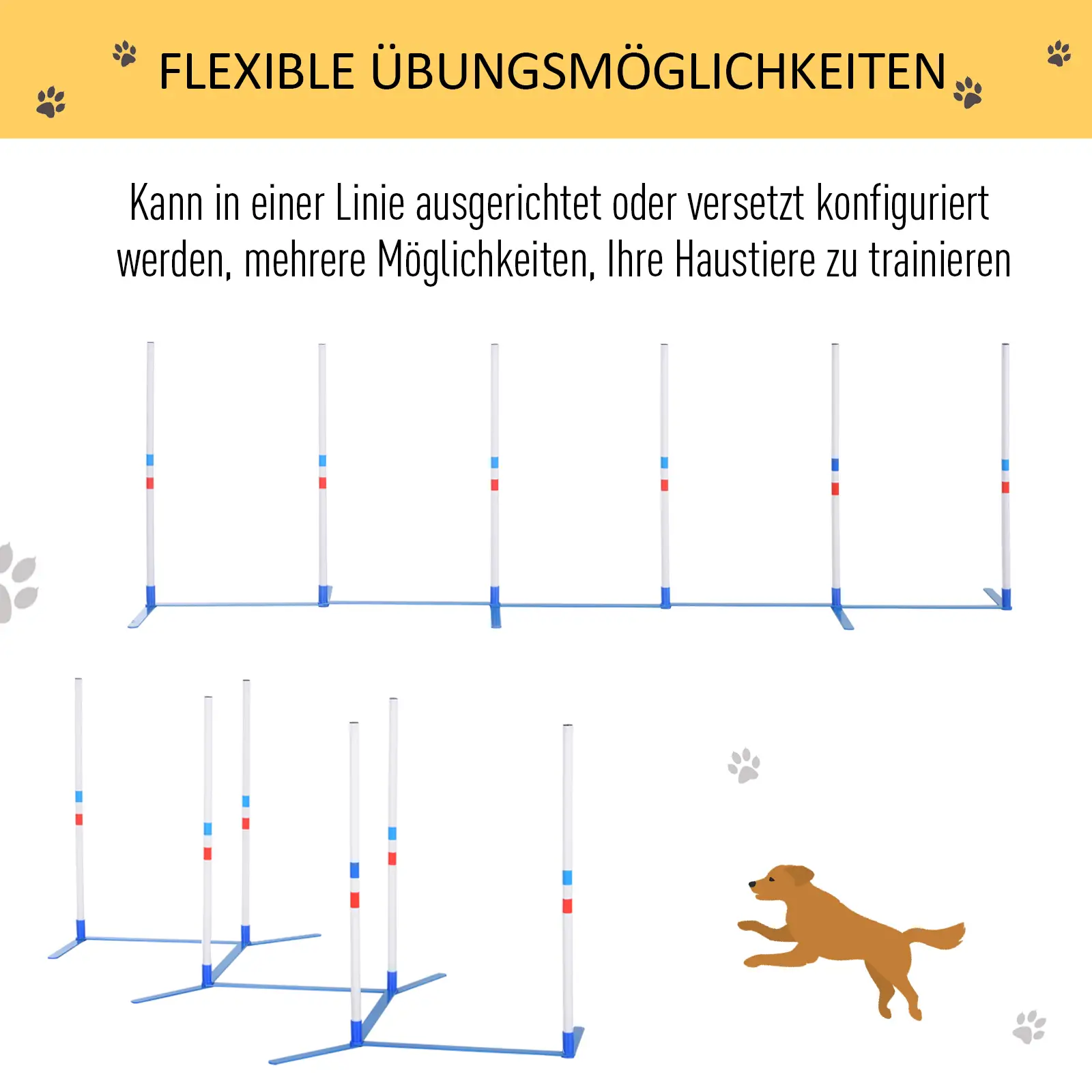 PawHut Hunde Slalomstangen Agility Training für Haustiere Hundetrainigsset Inklusive 600D Tasche Leicht zu tragen Polyester Kunststoff Weiß+Blau 305 x 60 x 94 cm