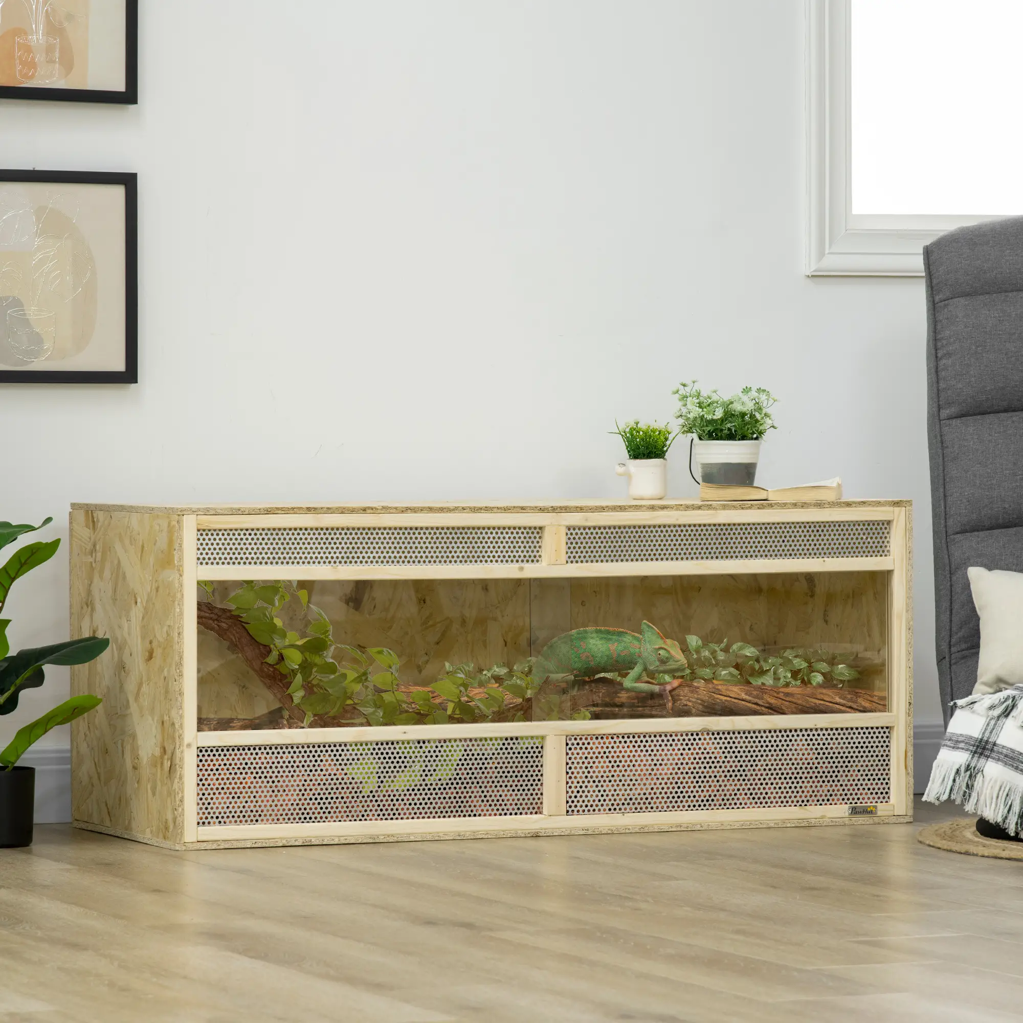 PawHut Terrarium für Reptilien/Amphibien, Glasschiebetüren, Lüftungsgitter, 120x50x50cm