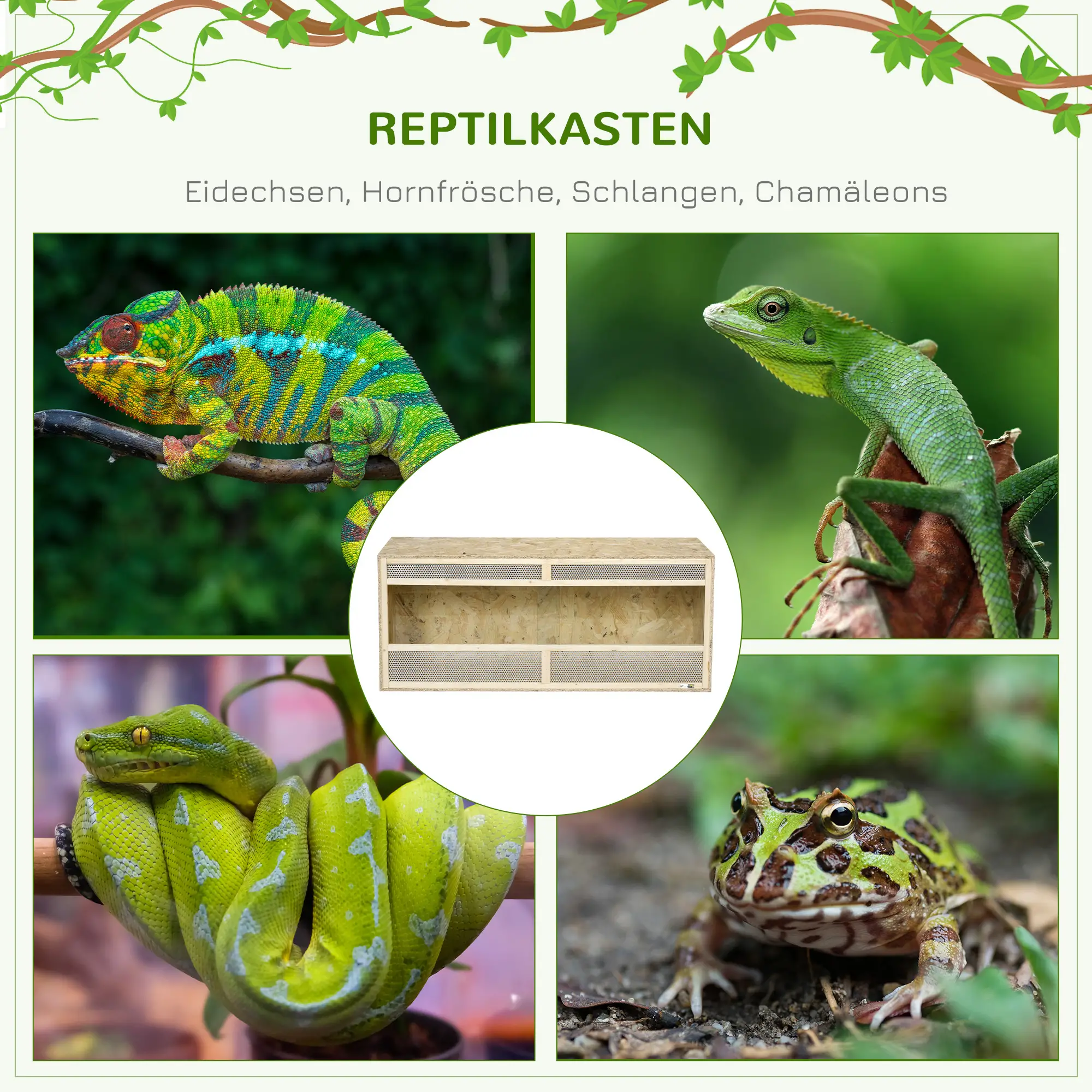 PawHut Terrarium für Reptilien/Amphibien, Glasschiebetüren, Lüftungsgitter, 120x50x50cm