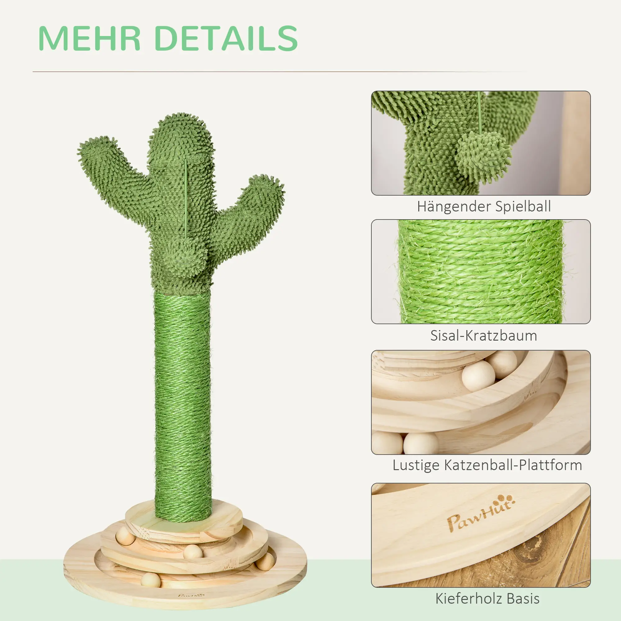 PawHut Katzen Kratzbaum Kaktus Katzenbaum Kiefernholz Sisal Seil Kratzstamm mit Holzkugel-Katzenspielzeug für Katzen 60 cm Hoch Grün+Natur