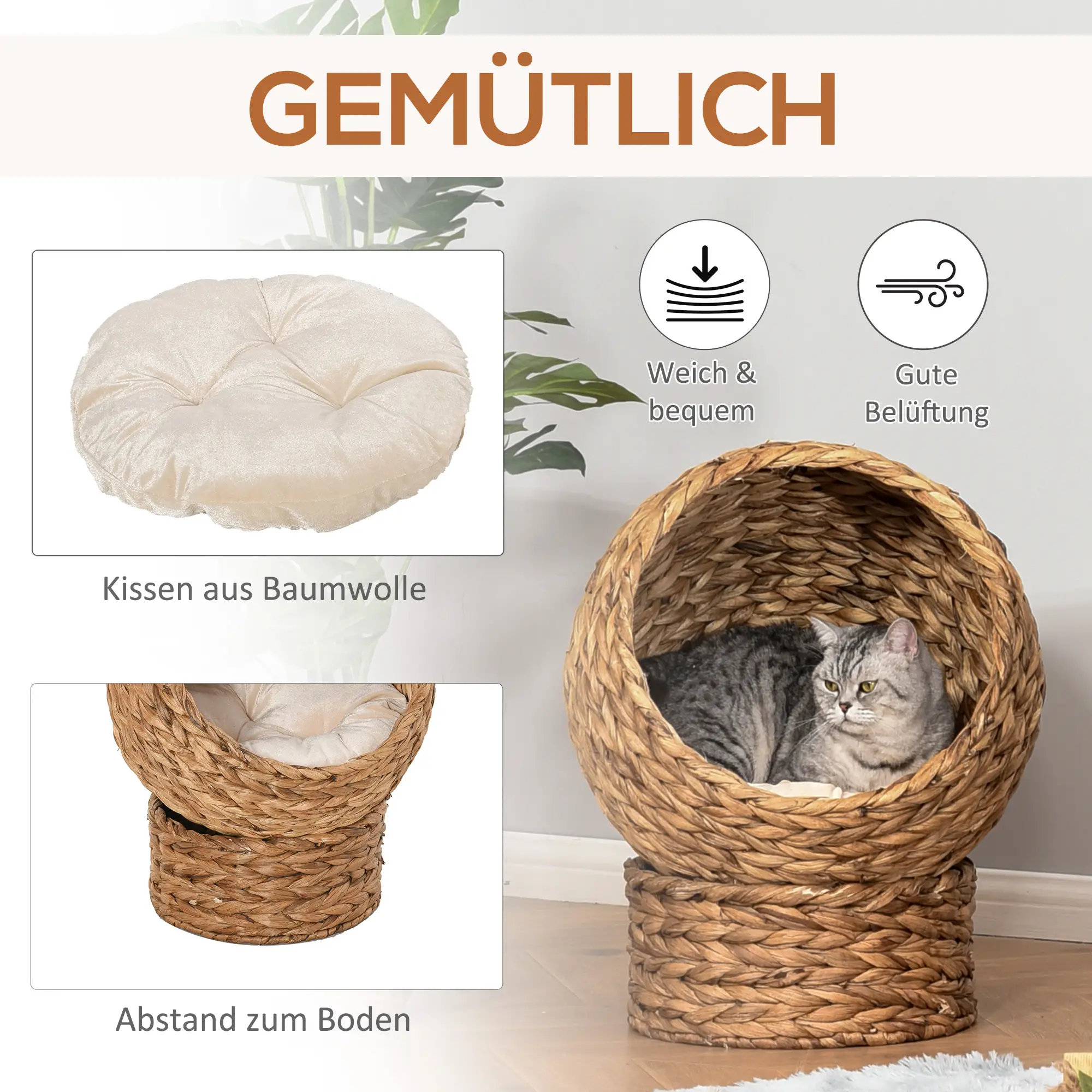 PawHut Rattan Katzenkorb Katzenhöhle Katzenhütte Katzenbett mit Kissen Haustierbett Wasserhyazinthe Hellbraun 50 x 42 x 60 cm