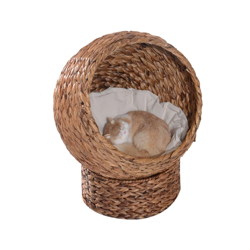 PawHut Rattan Katzenkorb Katzenhöhle Katzenhütte Katzenbett mit Kissen Haustierbett Wasserhyazinthe Hellbraun 50 x 42 x 60 cm
