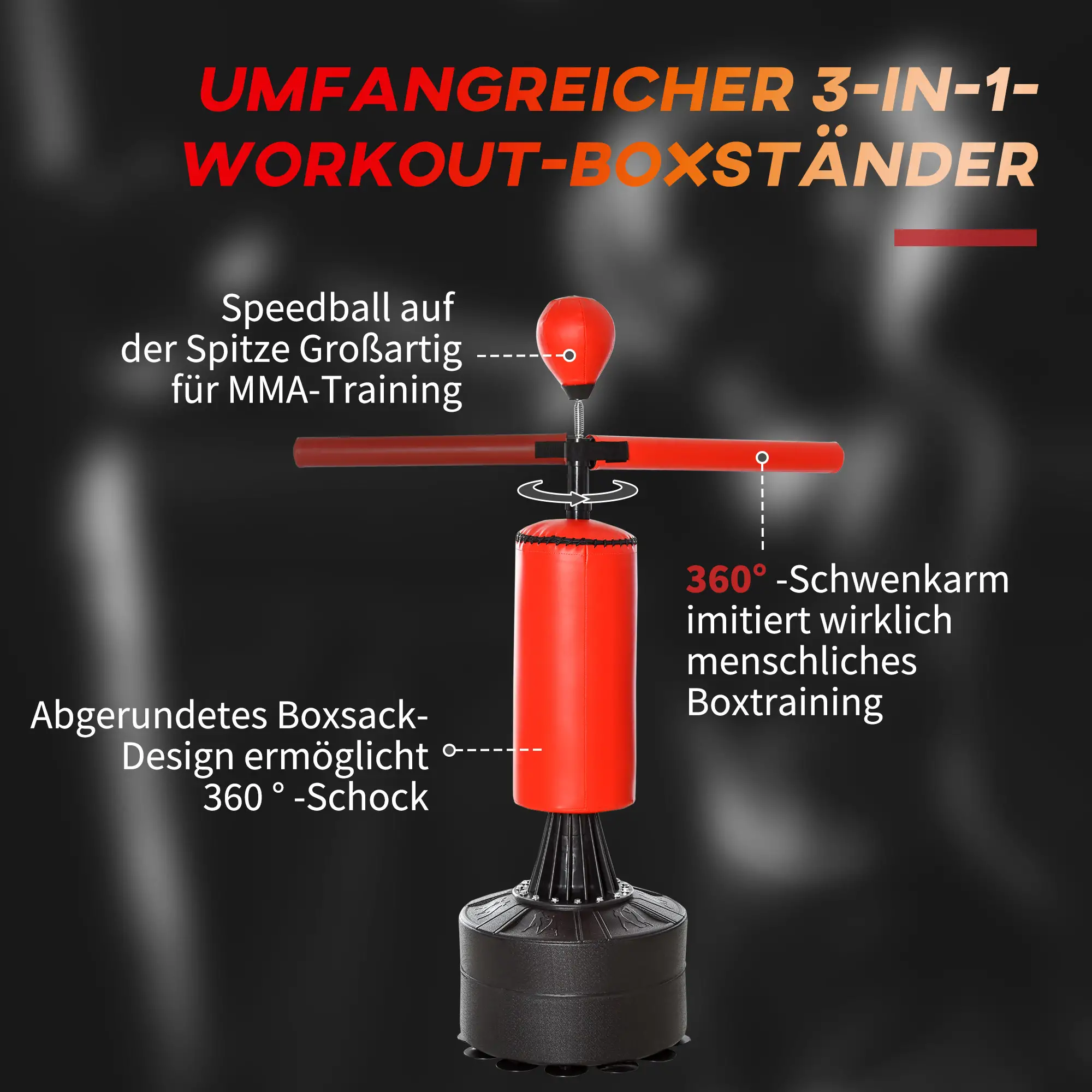 Standboxsack Boxtrainingsgerät mit Zubehör Boxassistent Training Boxsack Schwarz Rot 88 x 48 x 155-205 cm