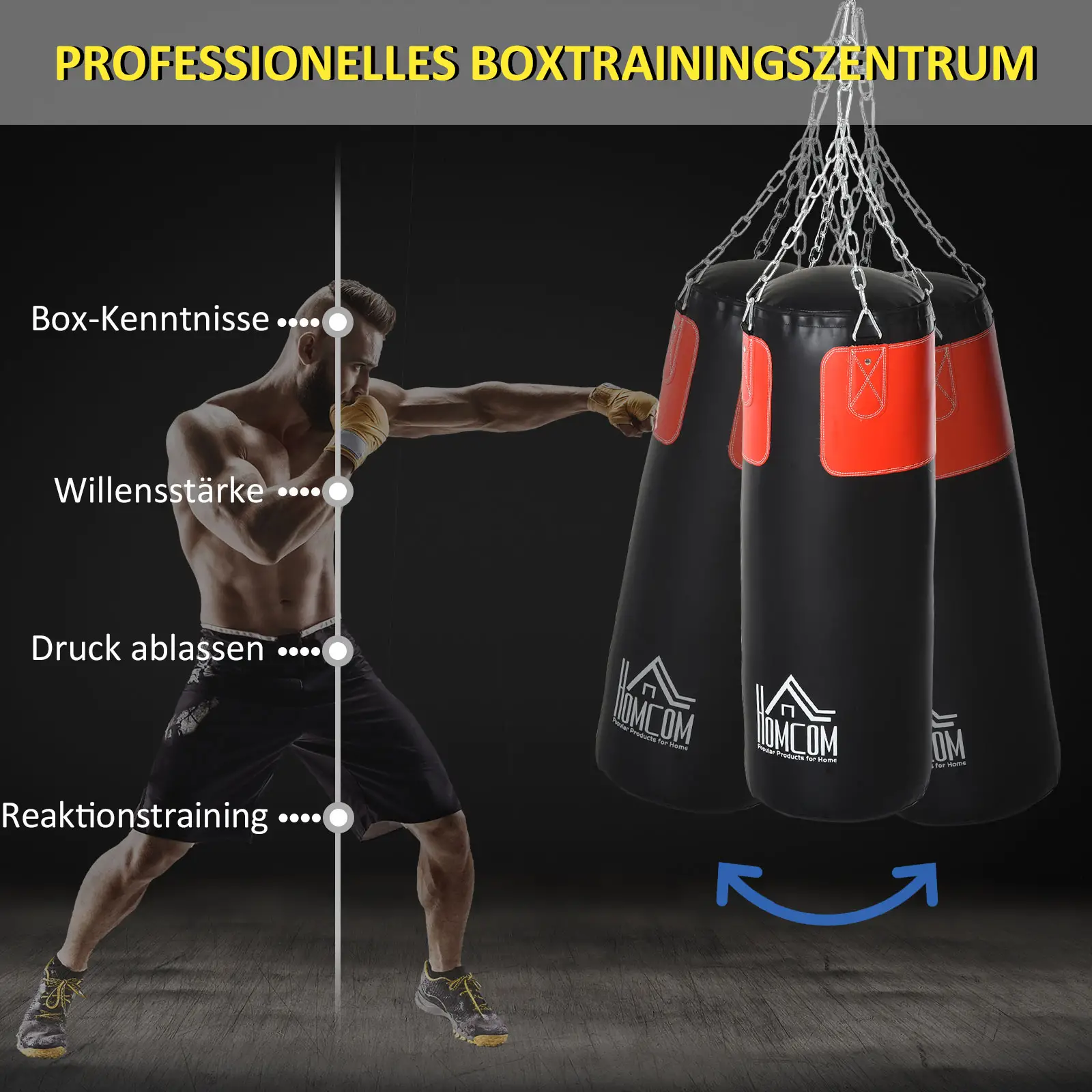 Boxsack-Set Box-Set mit Boxhandschuhen Gefüllt Set für Erwachsene Jugendlichen Hanging Boxing Heavy Bag 16 KG Ø30 x 120 cm Schwarz+Rot