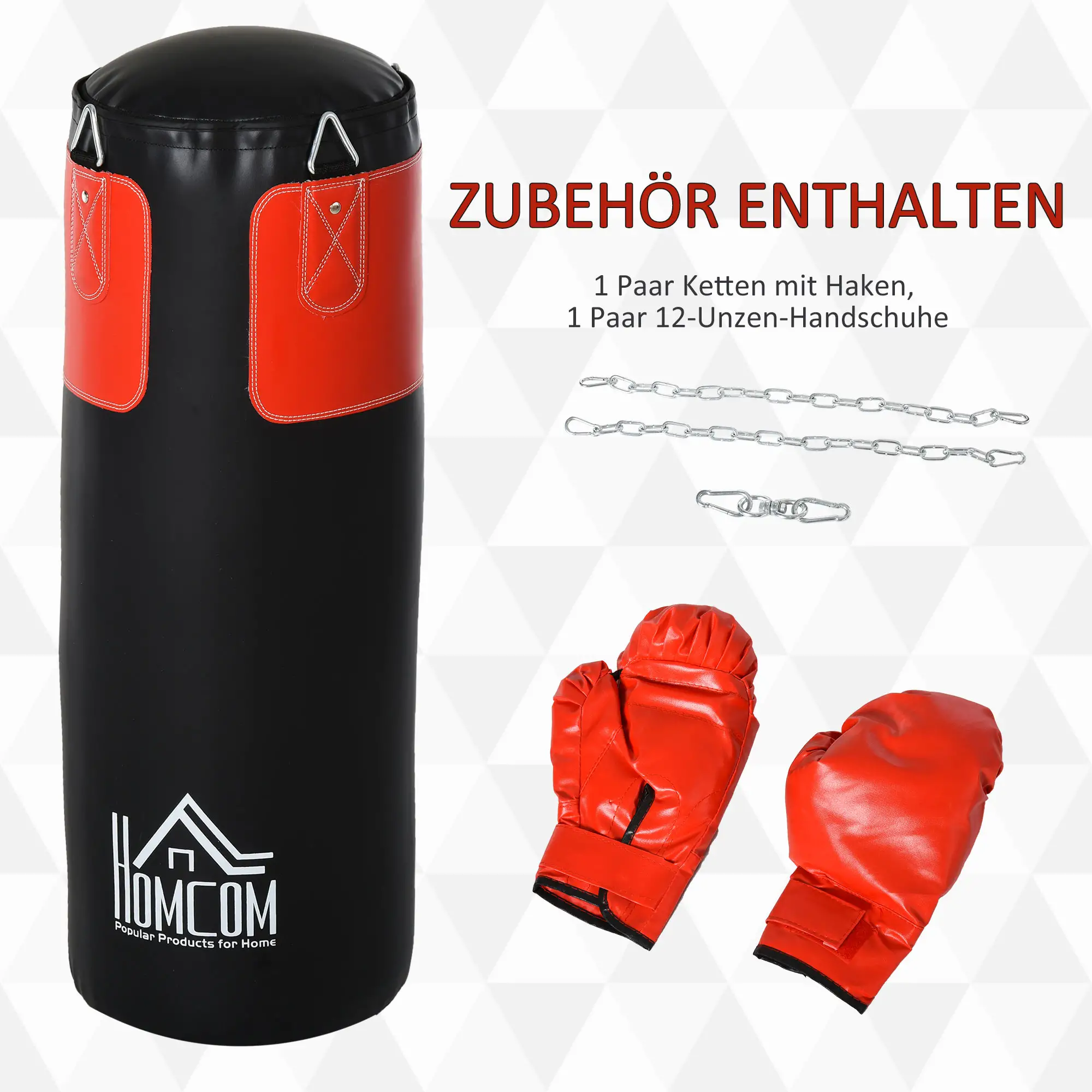 Boxsack-Set Box-Set mit Boxhandschuhen Gefüllt Set für Erwachsene Jugendlichen Hanging Boxing Heavy Bag 16 KG Ø30 x 120 cm Schwarz+Rot