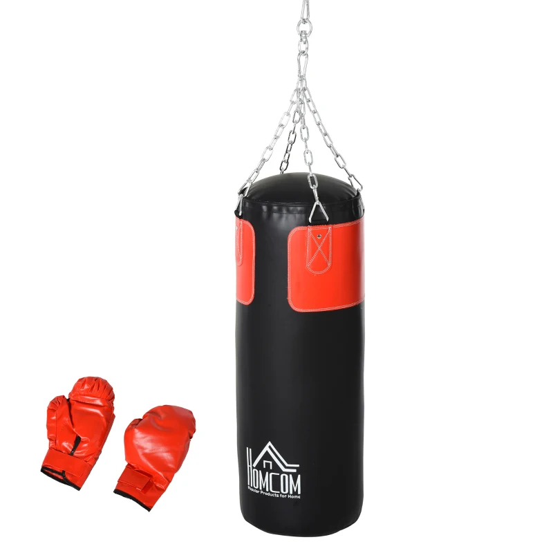Boxsack-Set Box-Set mit Boxhandschuhen Gefüllt Set für Erwachsene Jugendlichen Hanging Boxing Heavy Bag 16 KG Ø30 x 120 cm Schwarz+Rot