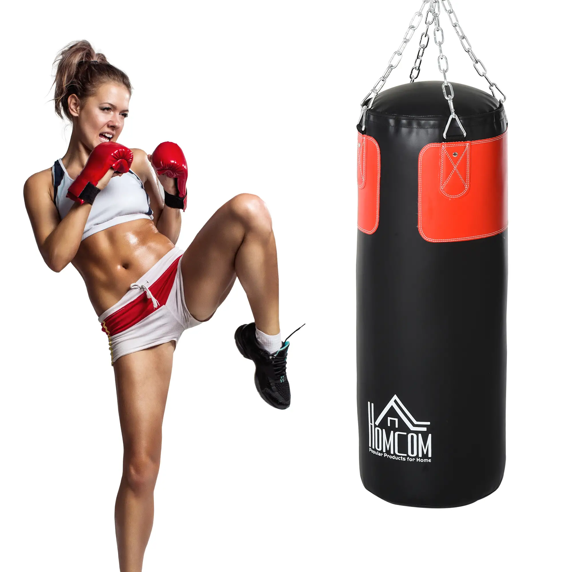 Boxsack-Set Box-Set mit Boxhandschuhen Gefüllt Set für Erwachsene Jugendlichen Hanging Boxing Heavy Bag 16 KG Ø30 x 120 cm Schwarz+Rot