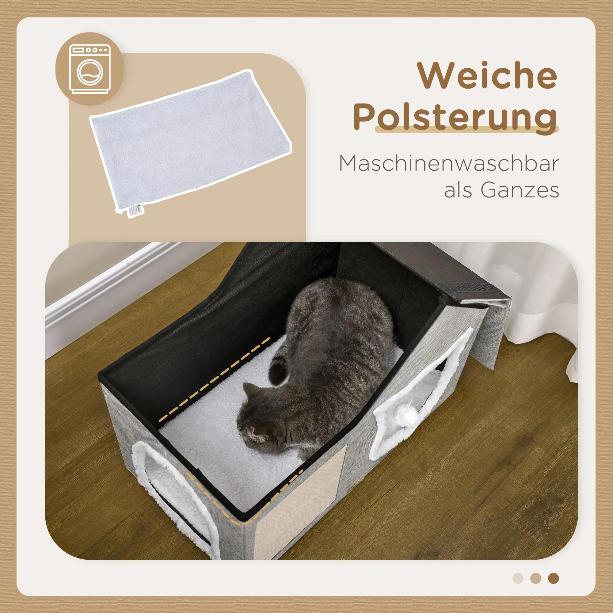Katzenhaus mit Kratzfläche, inkl. Spielball, Katzenhöhle, 65 cm x 41 cm x 45.5H cm, Braun + Weiss + Beige