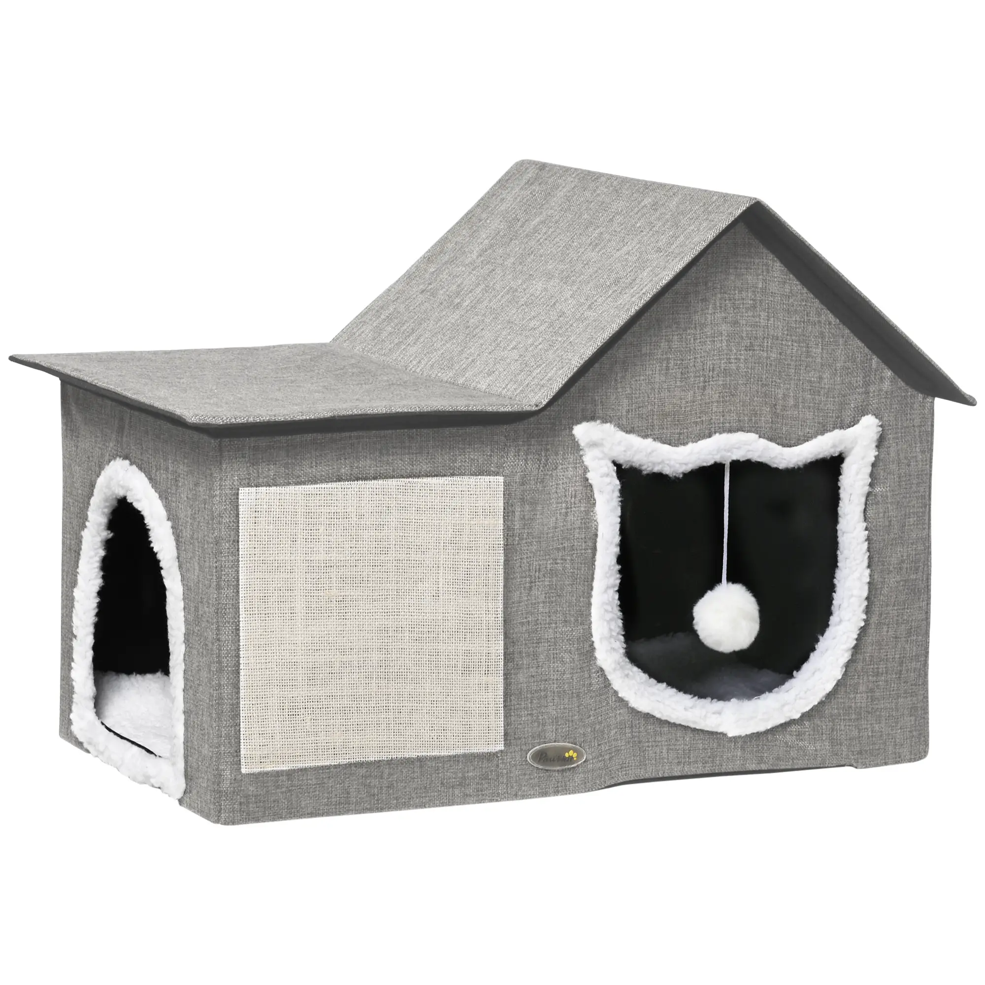 Katzenhaus mit Kratzfläche, inkl. Spielball, Katzenhöhle, 65 cm x 41 cm x 45.5H cm, Braun + Weiss + Beige