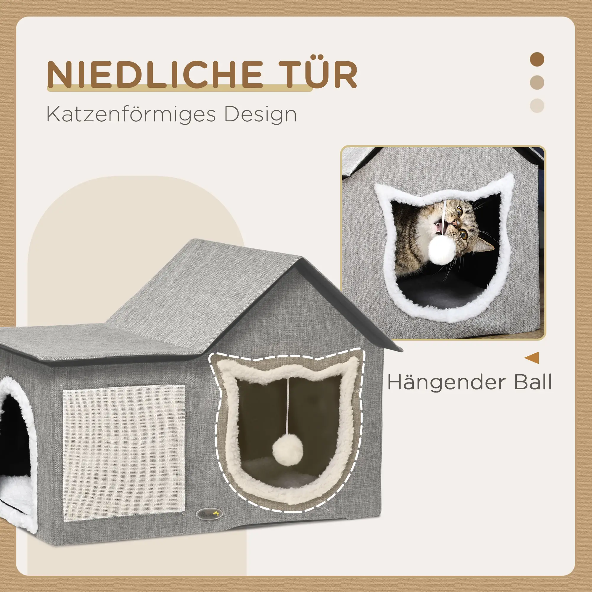 Katzenhaus mit Kratzfläche, inkl. Spielball, Katzenhöhle, 65 cm x 41 cm x 45.5H cm, Braun + Weiss + Beige