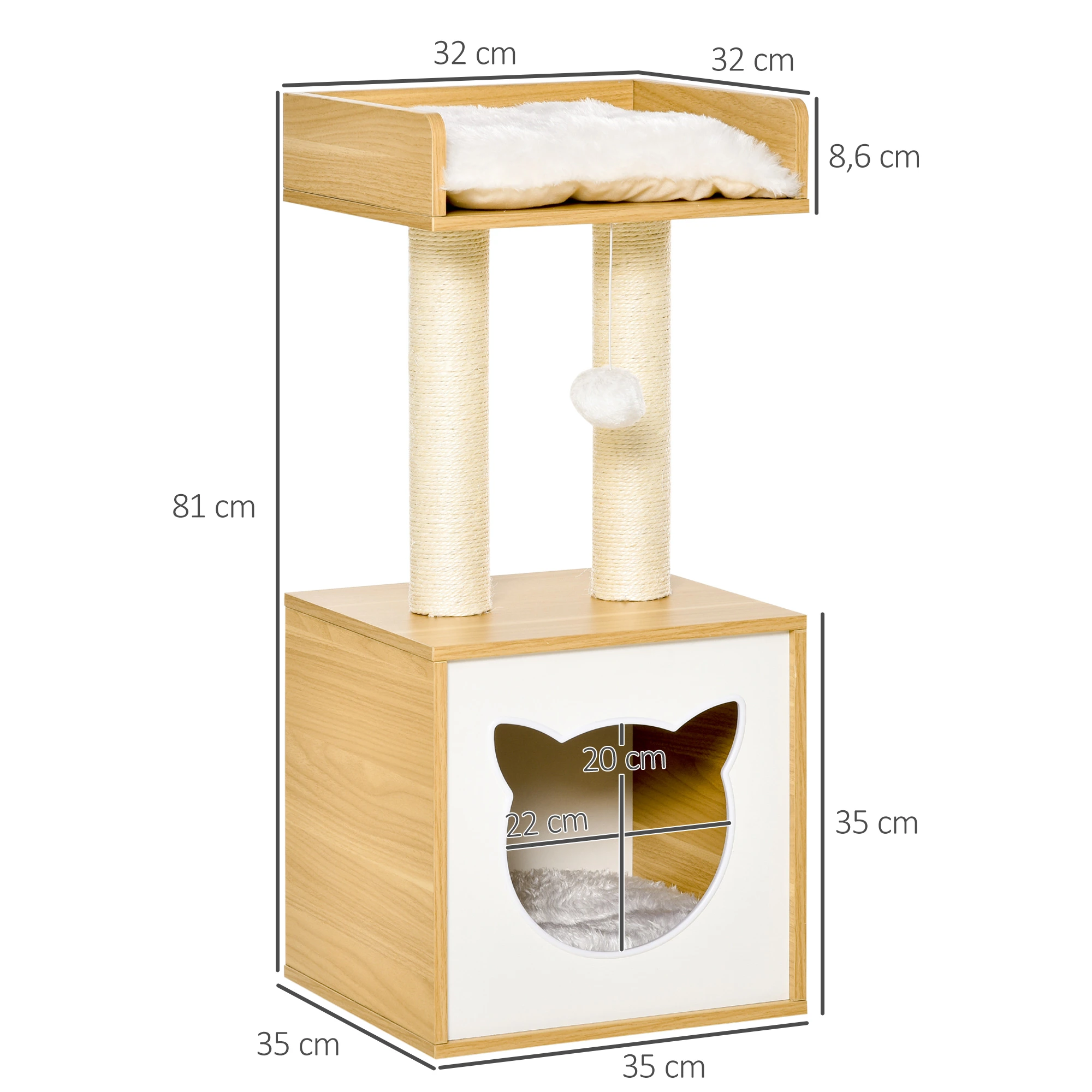 Katzenhöhle mit 2 weichen Kissen Katzenbaum mit Katzenbett Spielzeug Kugel Katzenhaus, Sisal Natur 35 x 35 x 81 cm