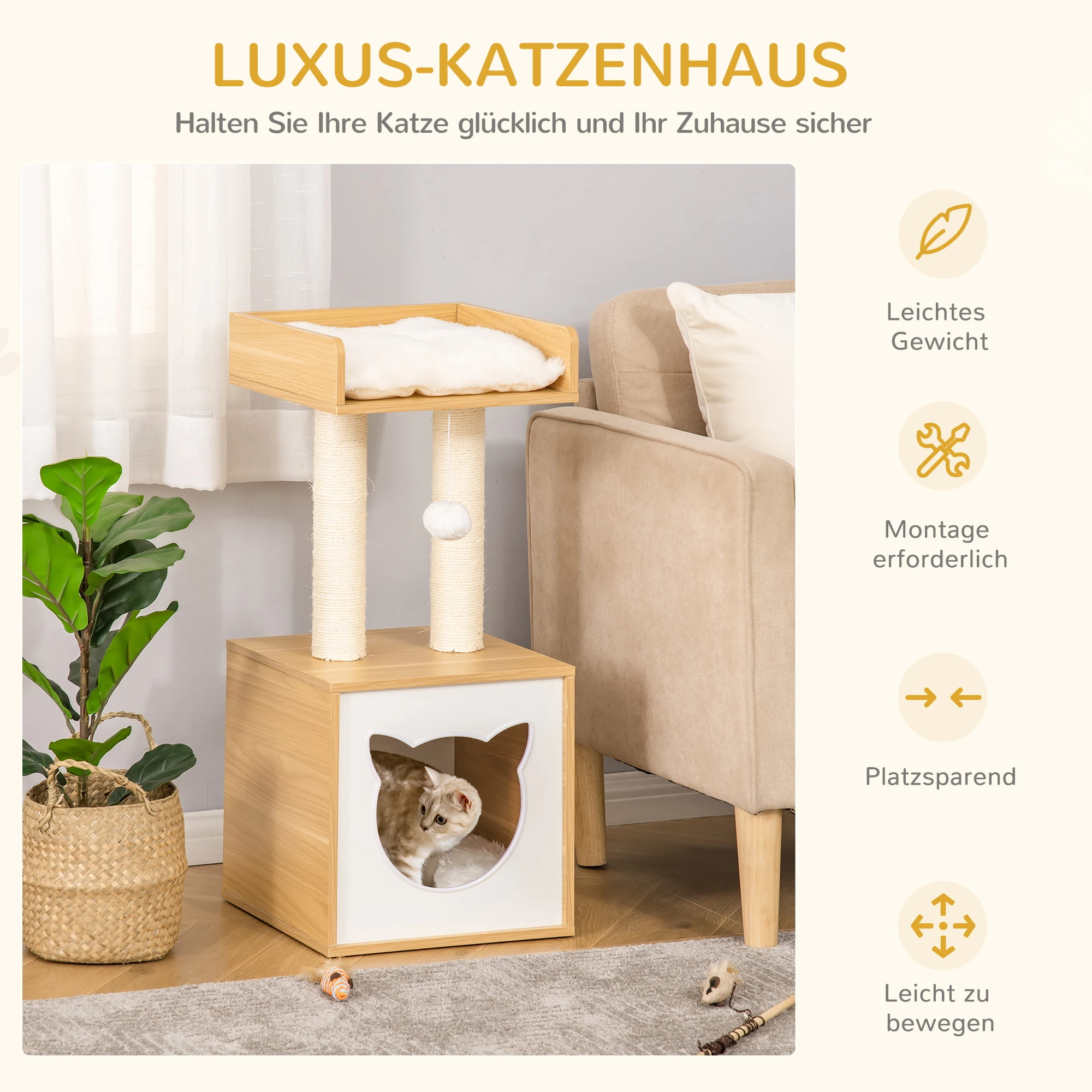 Katzenhöhle mit 2 weichen Kissen Katzenbaum mit Katzenbett Spielzeug Kugel Katzenhaus, Sisal Natur 35 x 35 x 81 cm
