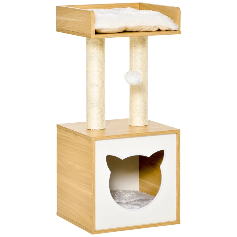 Katzenhöhle mit 2 weichen Kissen Katzenbaum mit Katzenbett Spielzeug Kugel Katzenhaus, Sisal Natur 35 x 35 x 81 cm