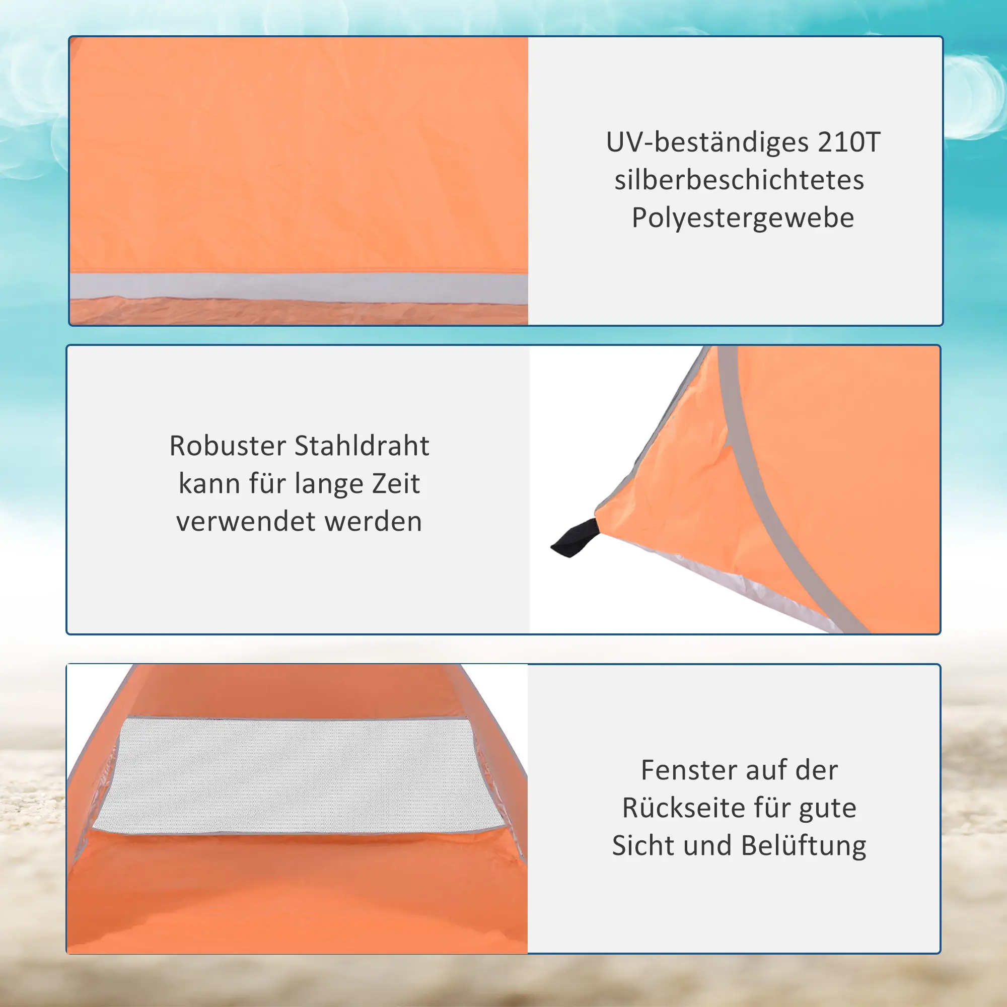 Pop-up-Zelt, Strandzelt, Campingzelt, Polyester, 200 x 150 x 119 cm, Orange