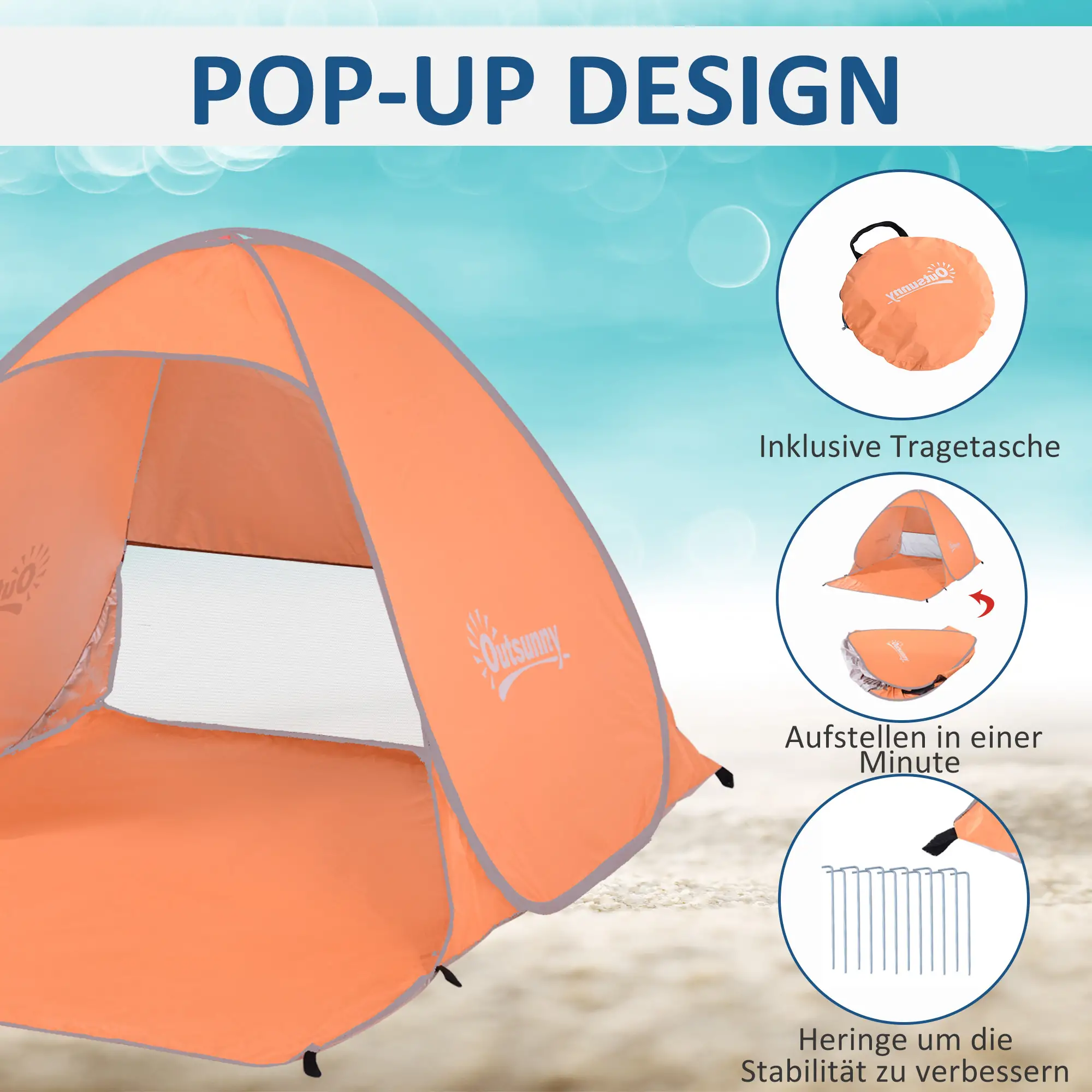 Pop-up-Zelt, Strandzelt, Campingzelt, Polyester, 200 x 150 x 119 cm, Orange