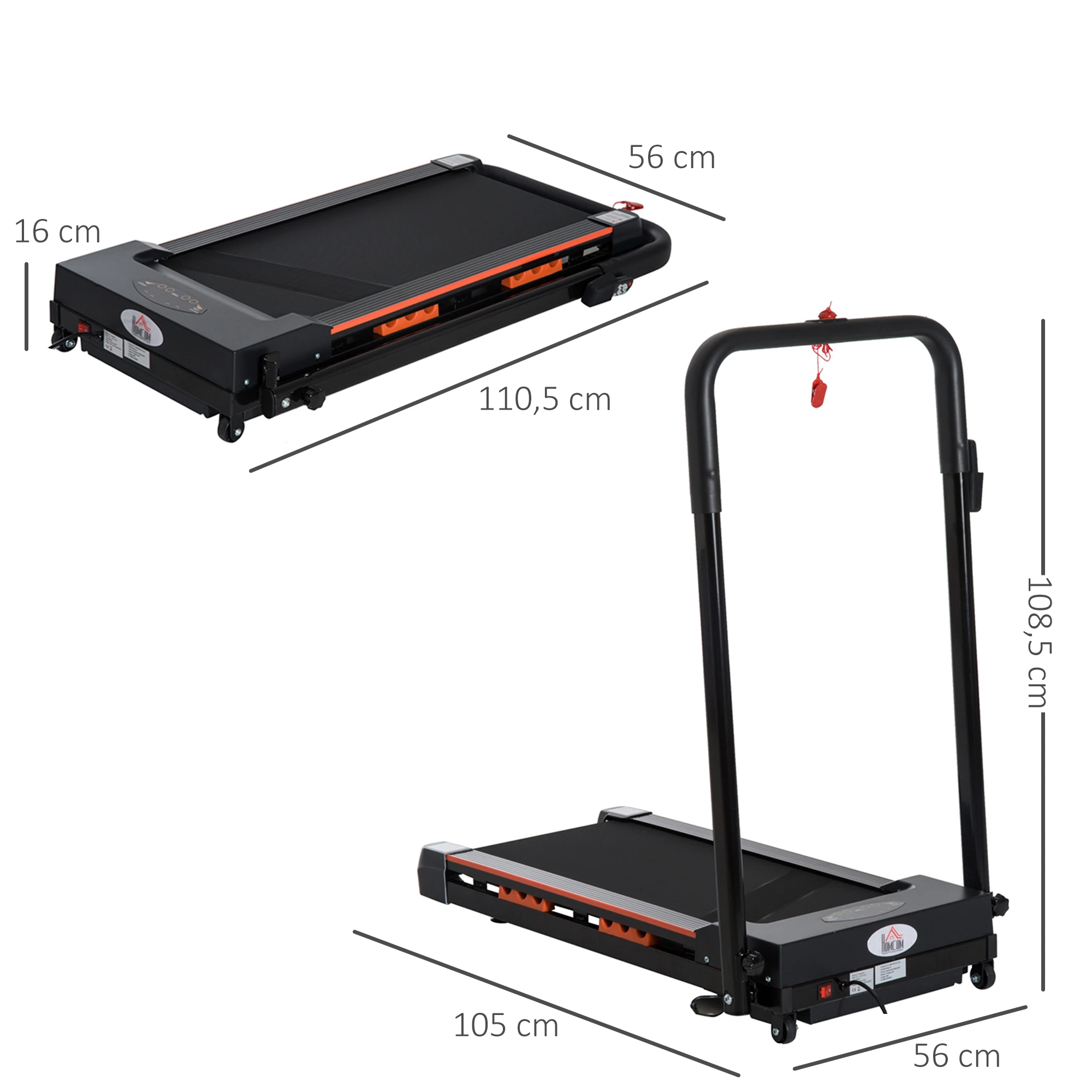 Elektrisches Laufband für Zuhause mit LCD Display, Faltbares Fitnessgerät, 1-6 Km/h, Stahl, Schwarz, 105 x 56 x 108,5 cm