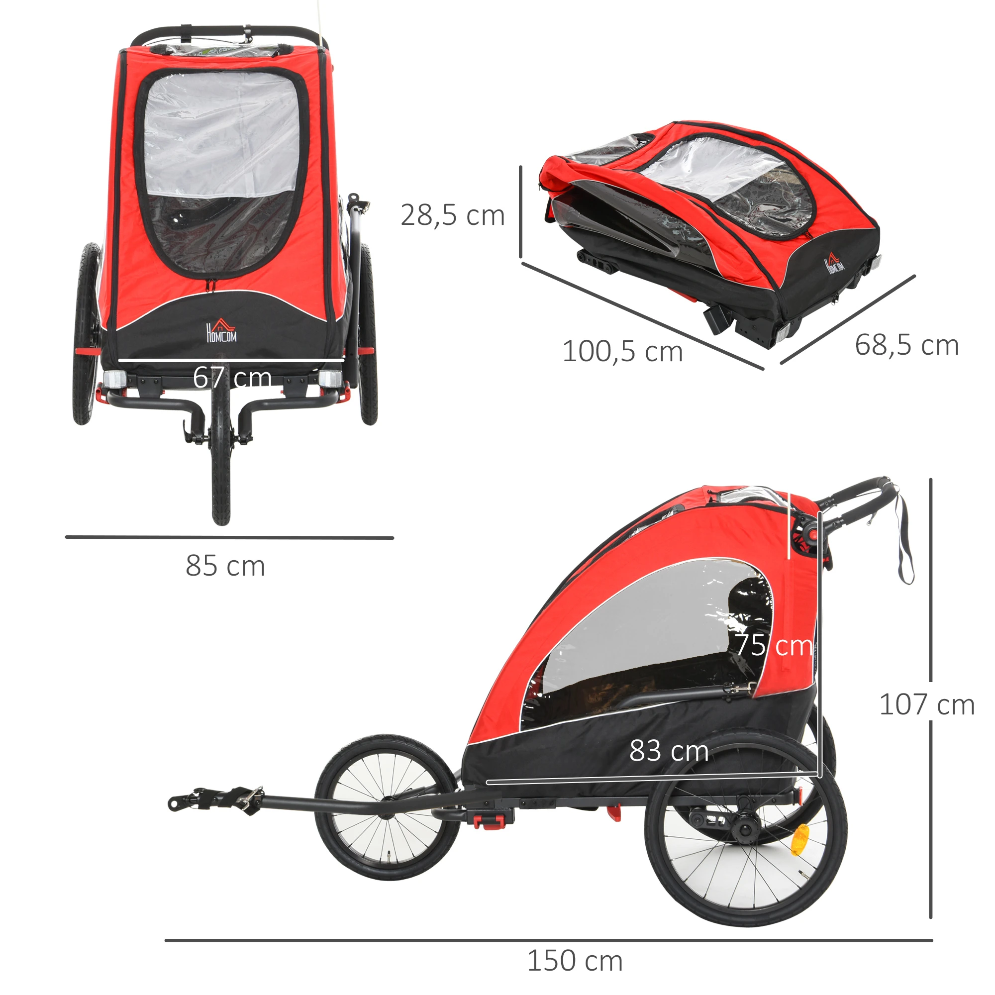 3 in 1 Kinderanhänger Aluminium Kinder Jogger Fahrradanhänger Radanhänger für 2 kinder mit Fahne Rot+Schwarz 150 x 85 x 107 cm